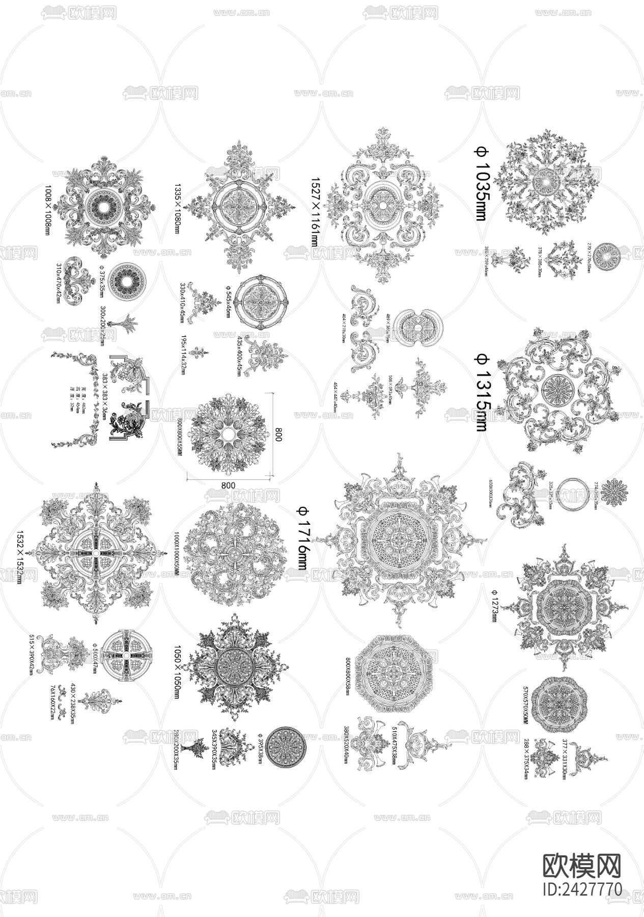 法式顶面灯盘雕花设计cad施工图下载
