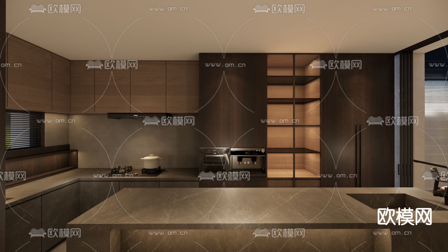 高级灰开放式厨房su模型下载（渲染图2）