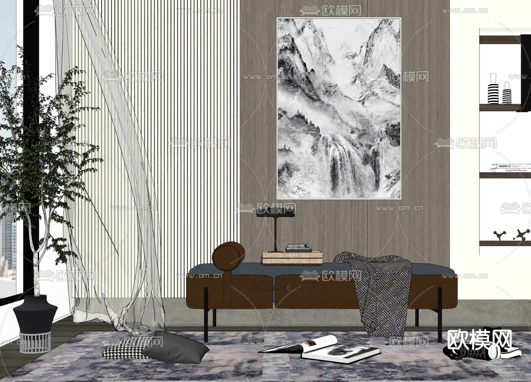 现代床尾凳 脚踏su模型下载（渲染图2）