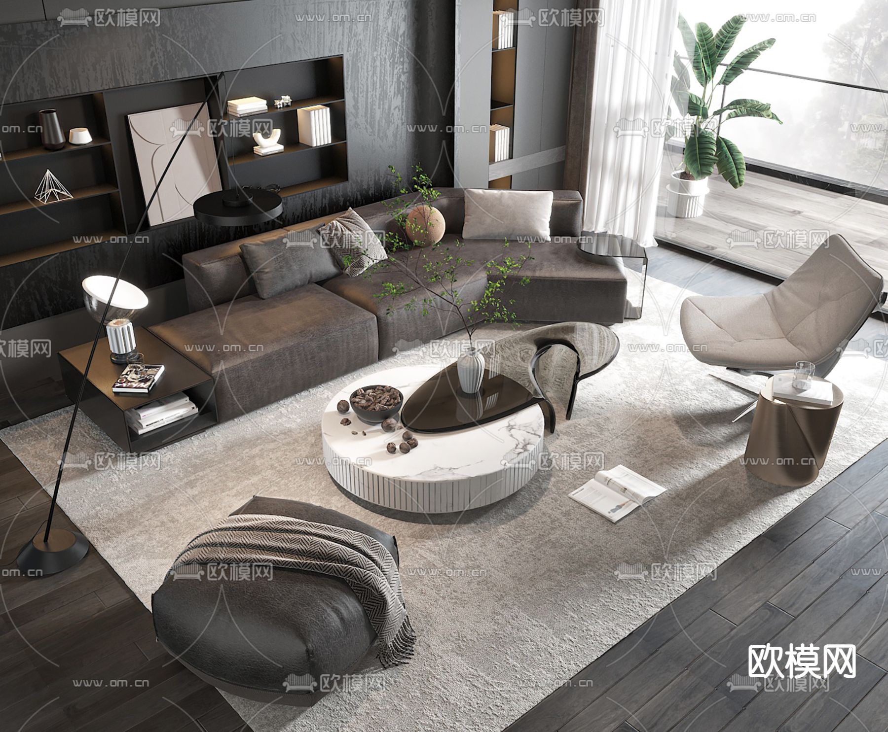 暗黑风沙发茶几组合su模型下载（渲染图1）