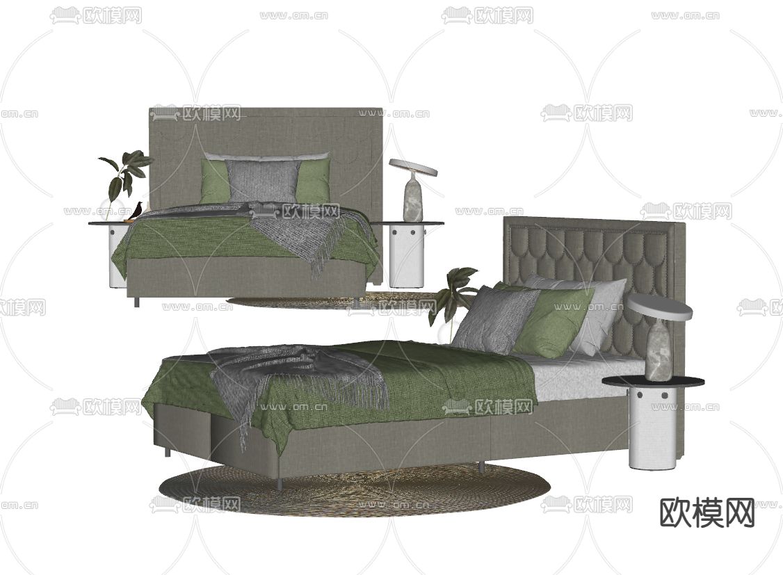 简欧单人床su模型下载（渲染图2）