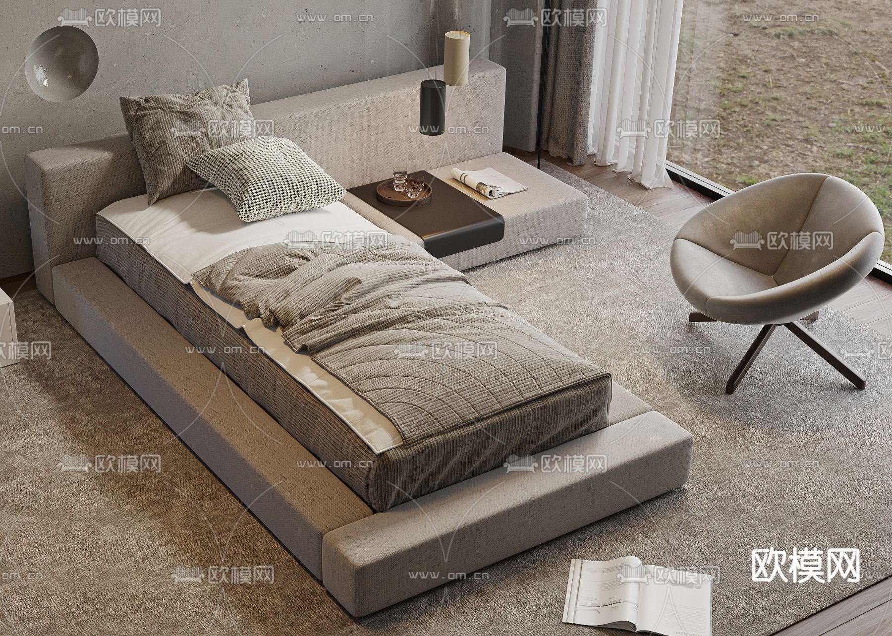 现代单人床3d模型下载（渲染图2）