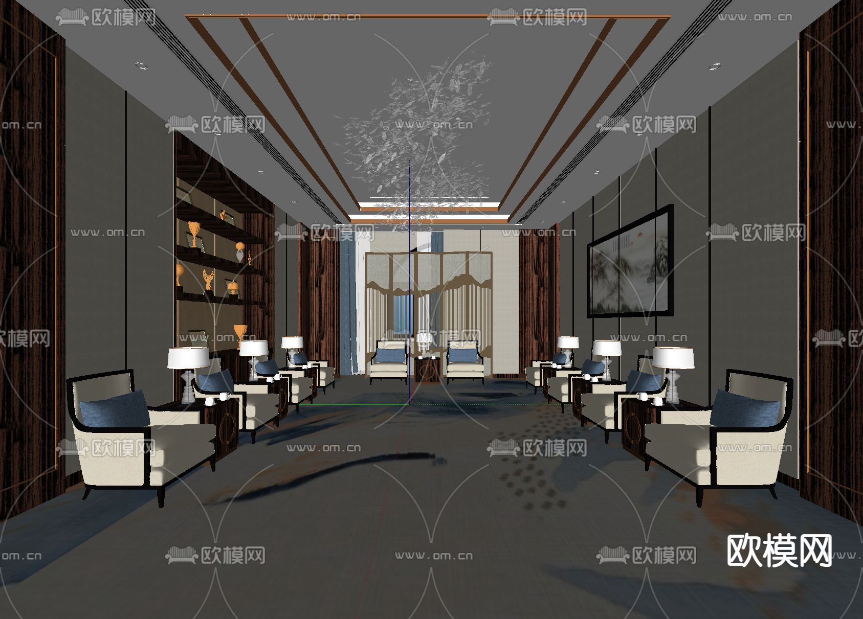 新中式酒店接待室su模型
