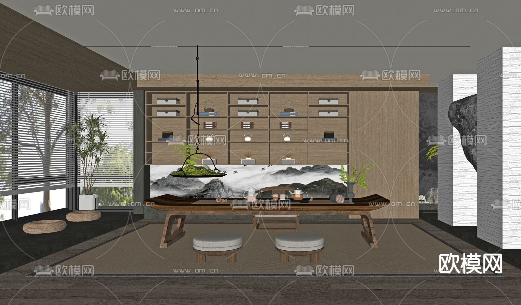 新中式茶室su模型下载（渲染图2）