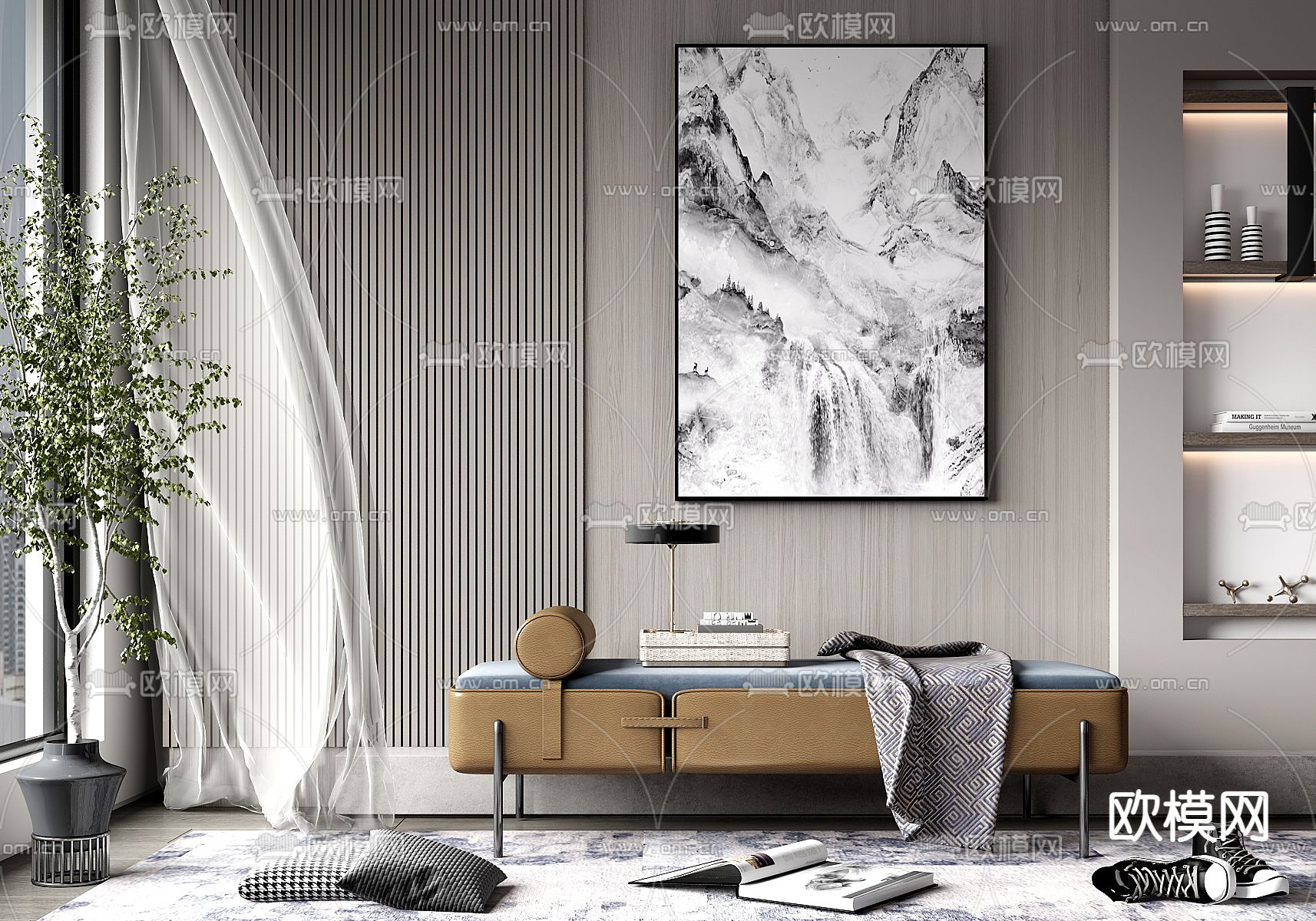 现代床尾凳 脚踏su模型下载（渲染图1）