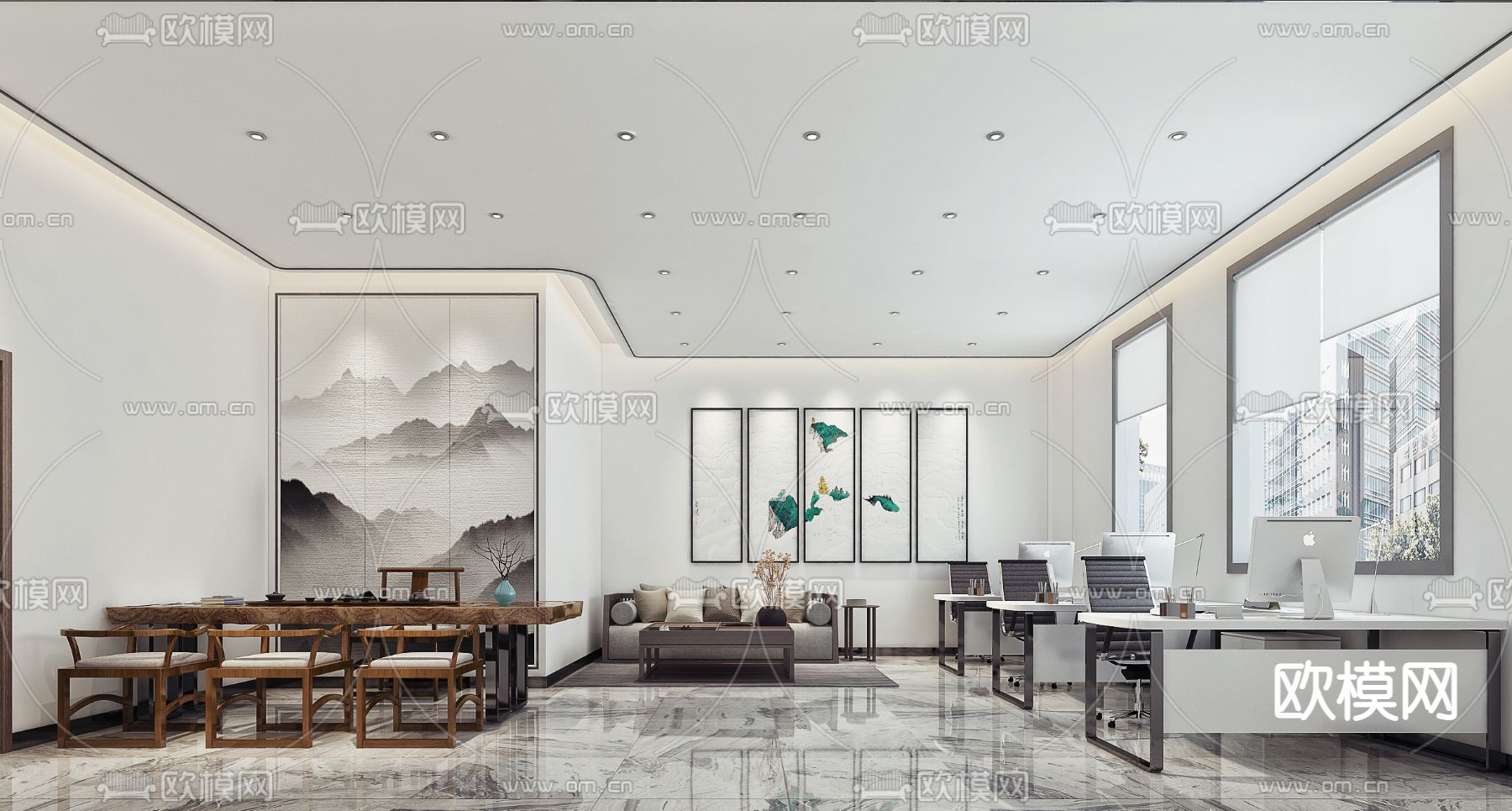 新中式办公区 办公室su模型下载（渲染图1）