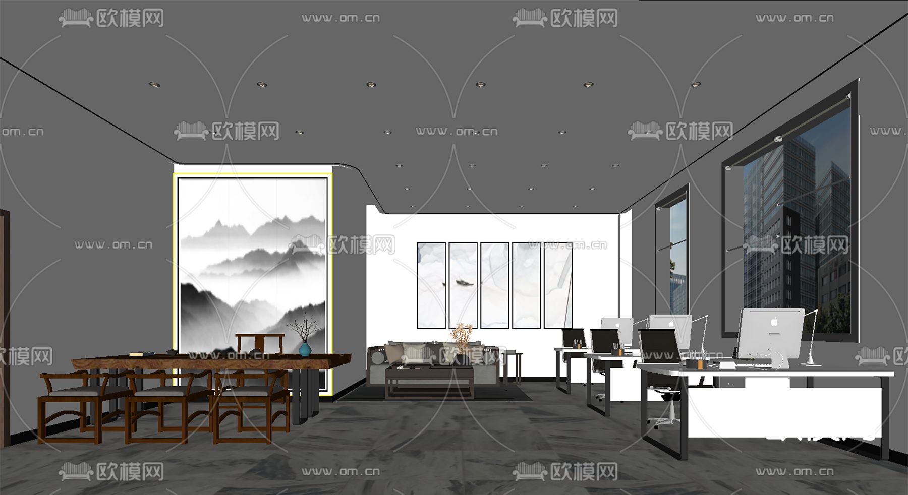 新中式办公区 办公室su模型下载（渲染图2）