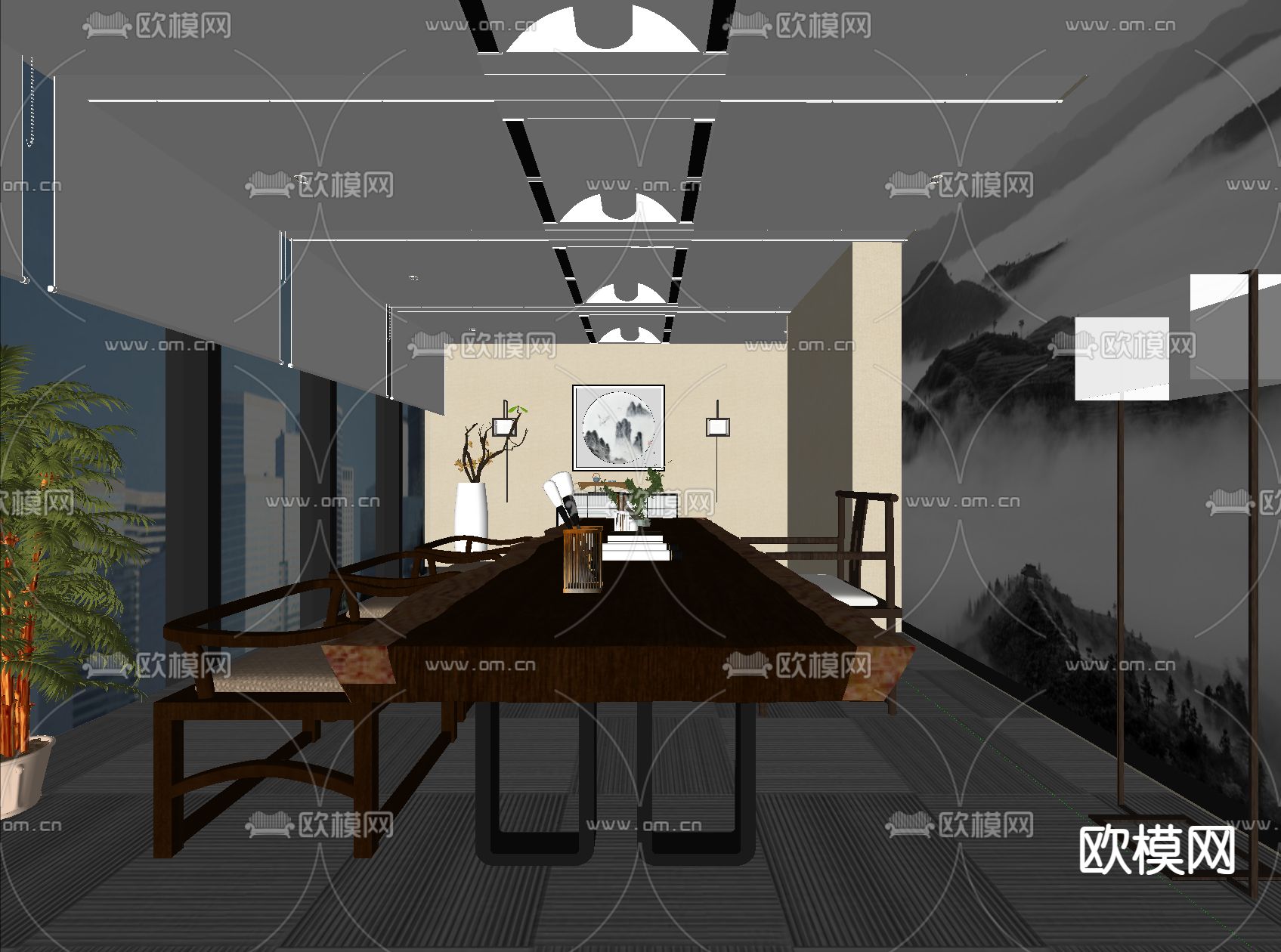 新中式接待室 茶室su模型