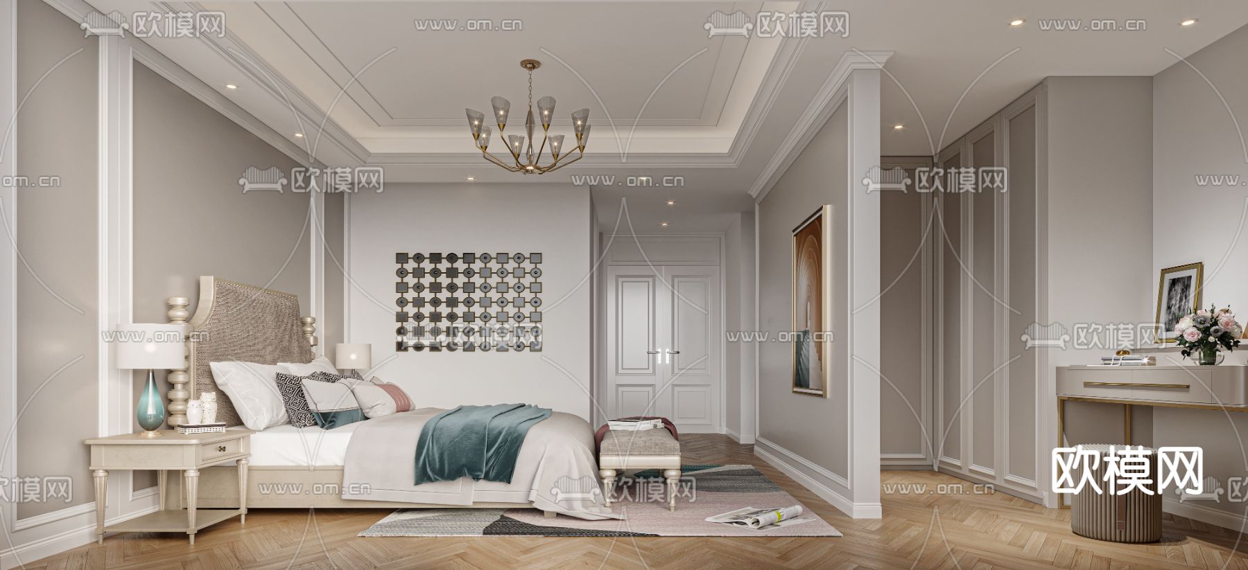 美式卧室 主卧 主人房3d模型下载（渲染图1）