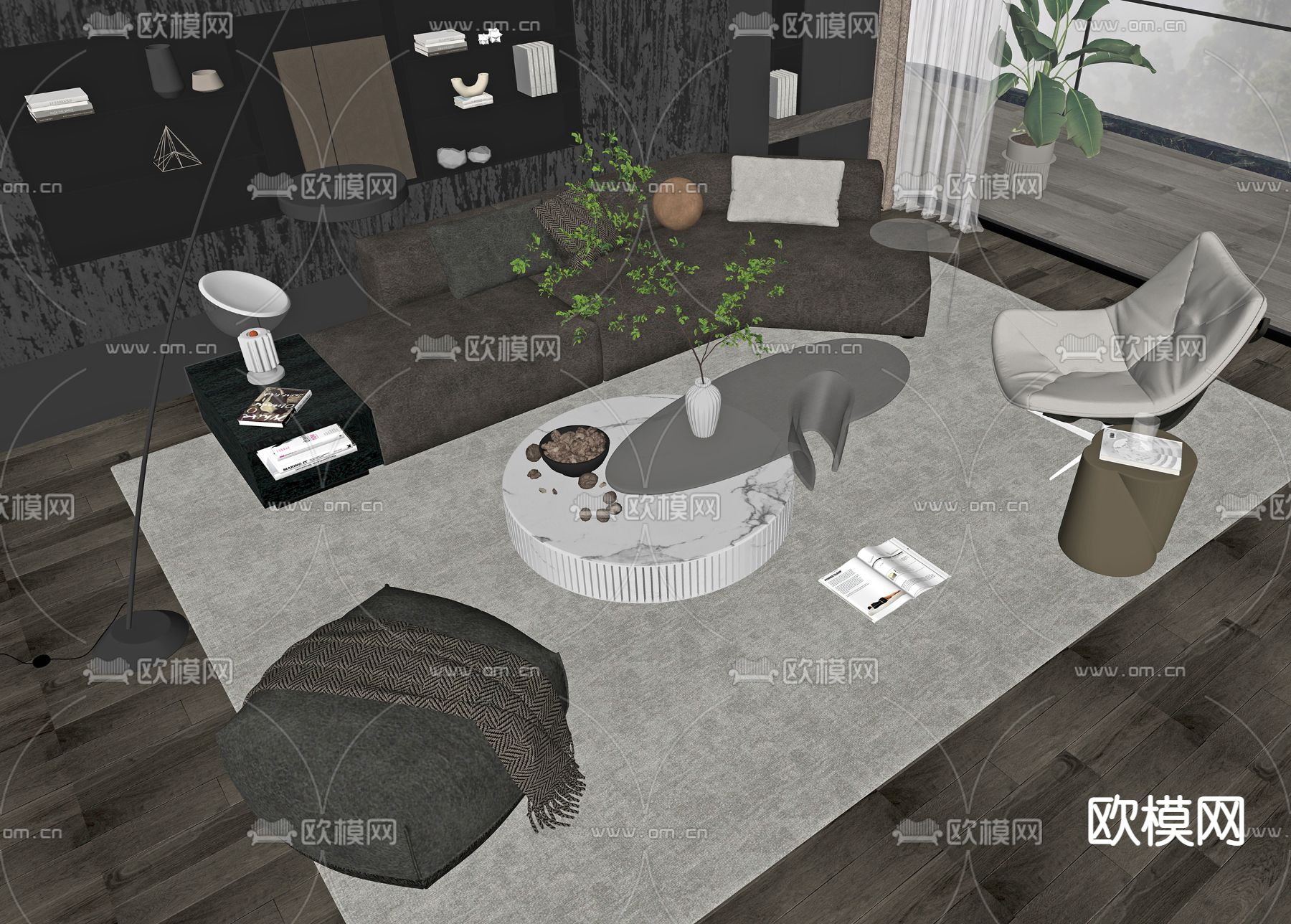 暗黑风沙发茶几组合su模型下载（渲染图2）