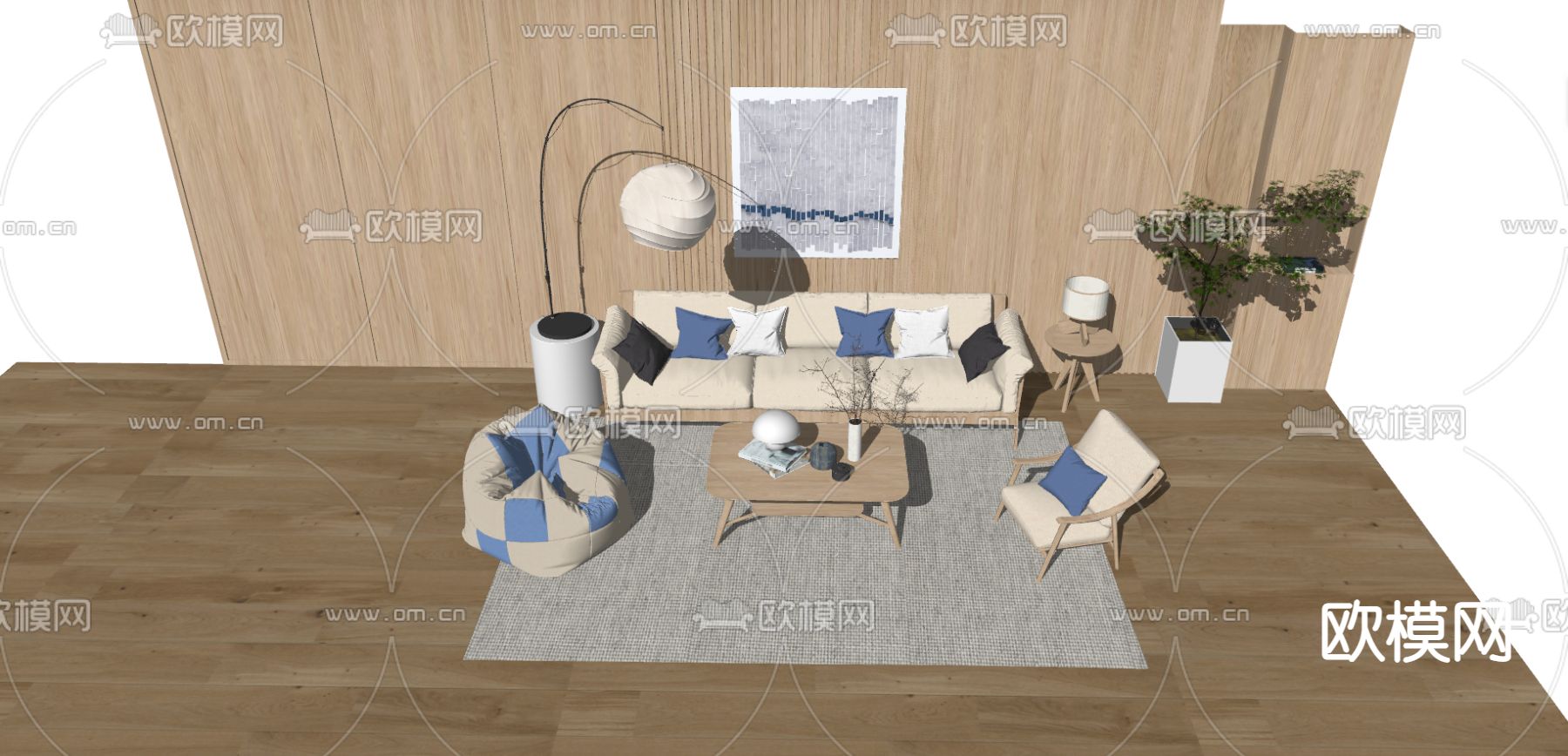 日式沙发组合su模型下载（渲染图1）