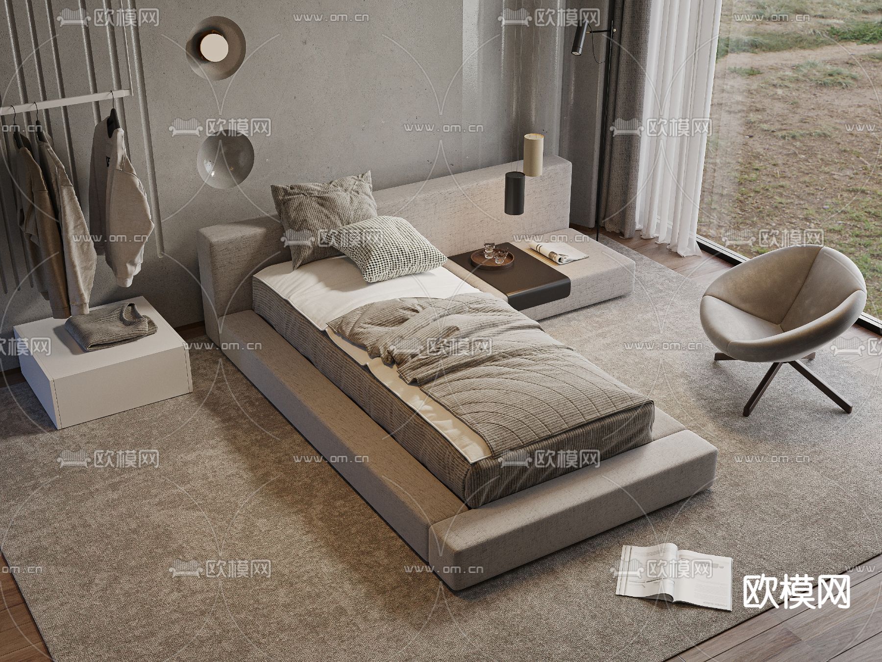 现代单人床3d模型下载（渲染图1）