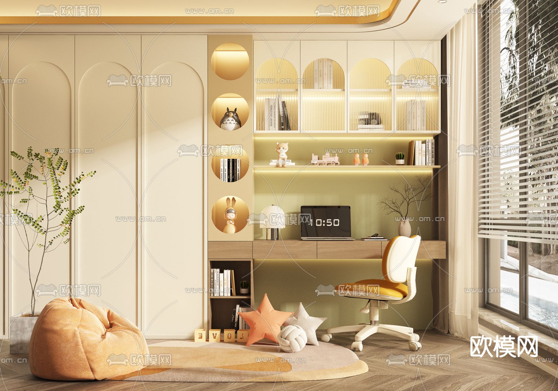 一体式儿童书桌椅 书柜3d模型下载