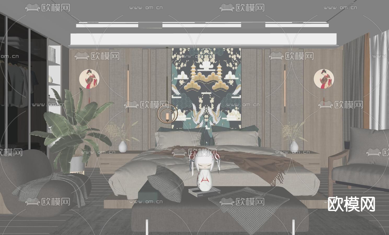 日式卧室 主人房su模型下载（渲染图2）