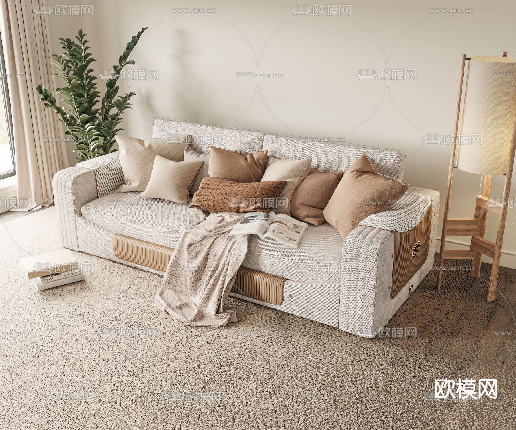 奶油风双人沙发su模型下载（渲染图1）