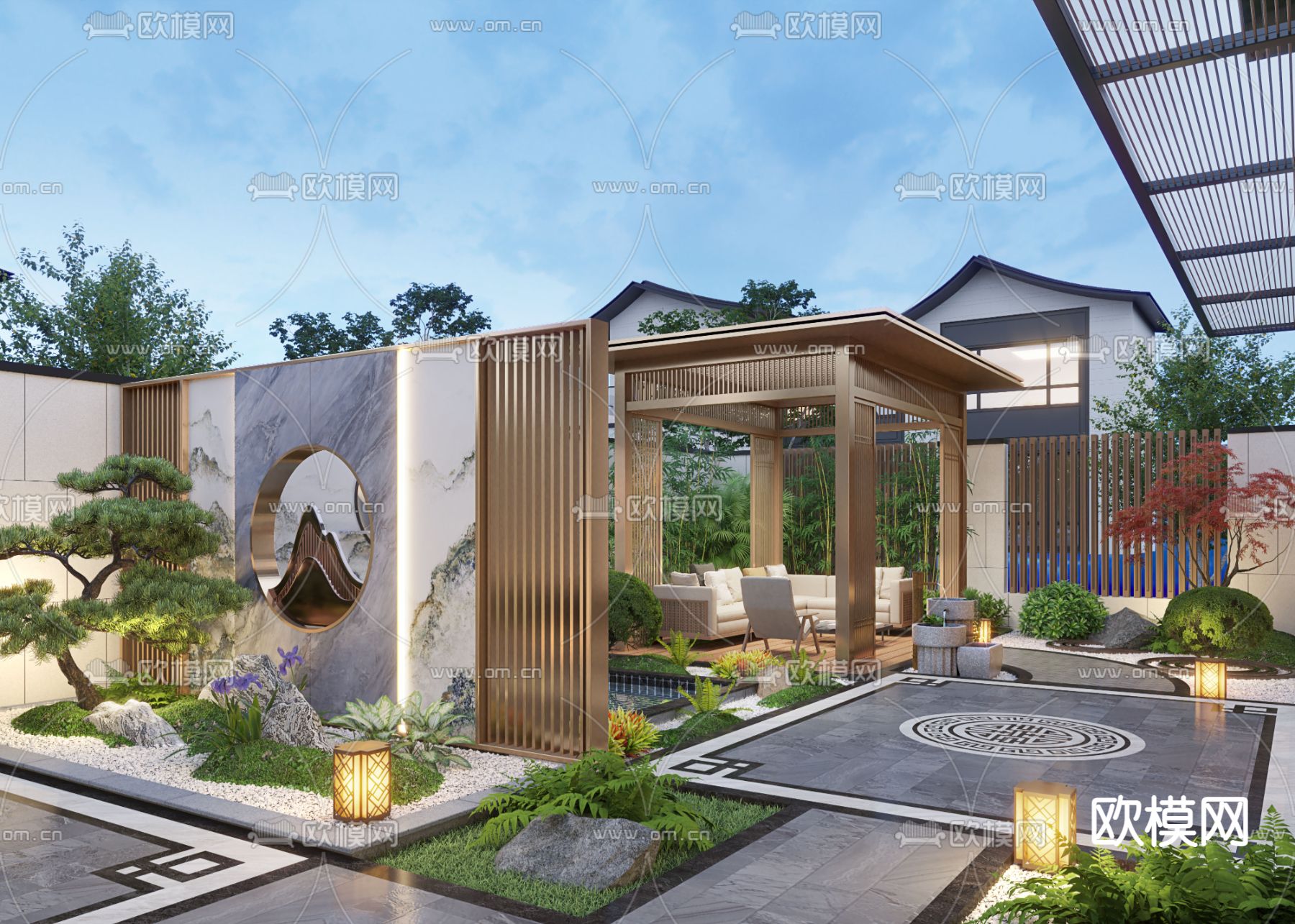 新中式别墅庭院 花园阳台3d模型