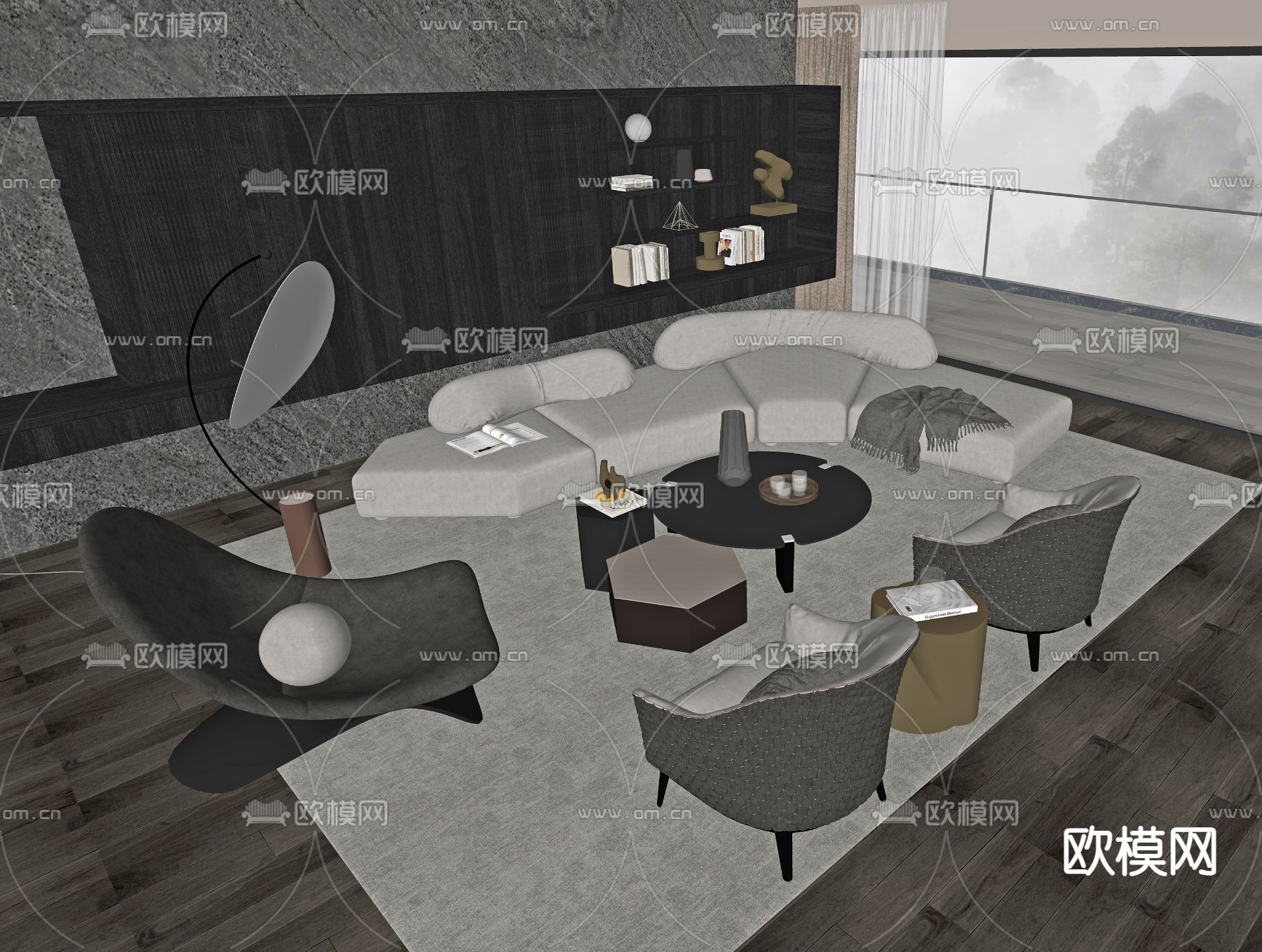 暗黑风弧形组合沙发su模型下载（渲染图2）