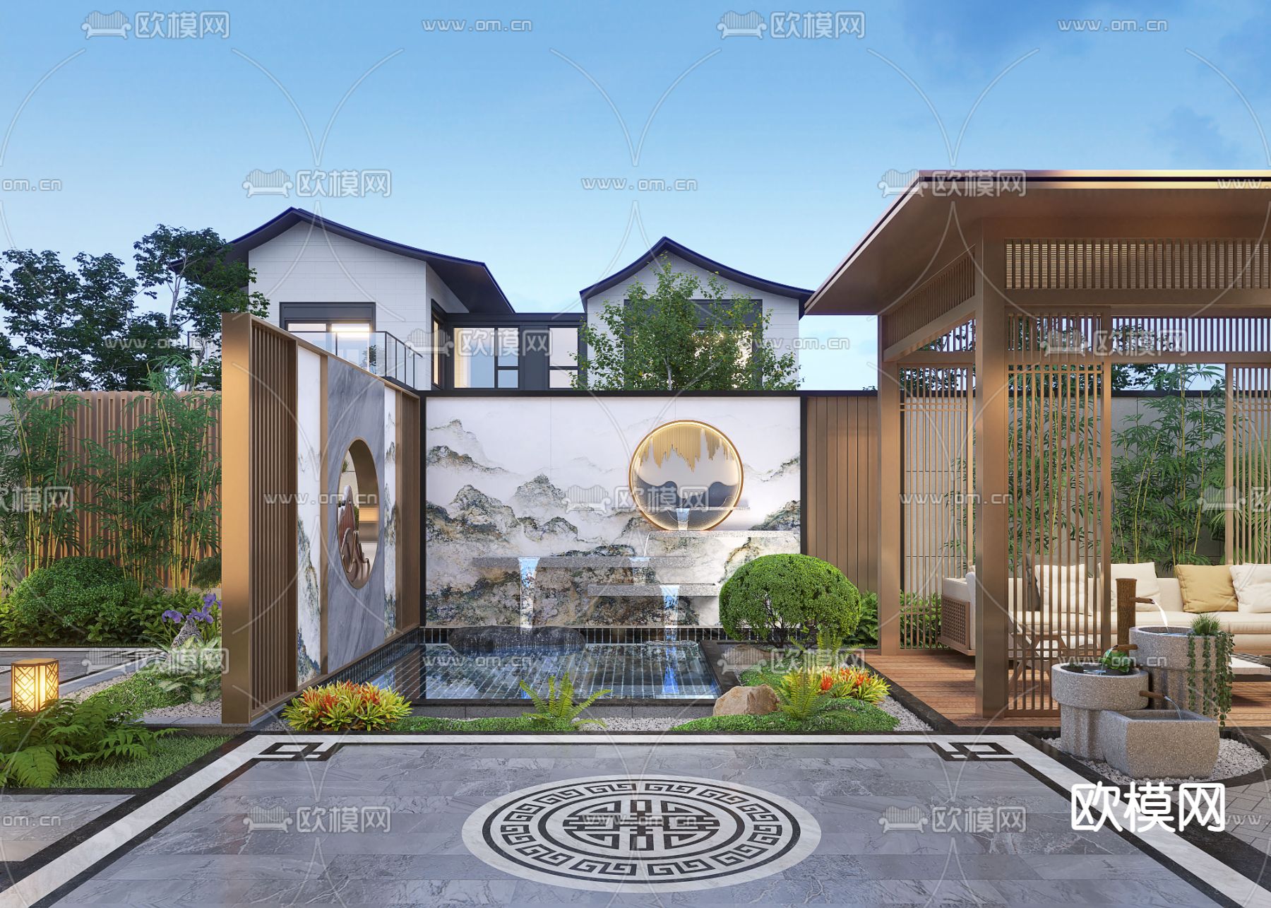 新中式别墅庭院 花园阳台3d模型