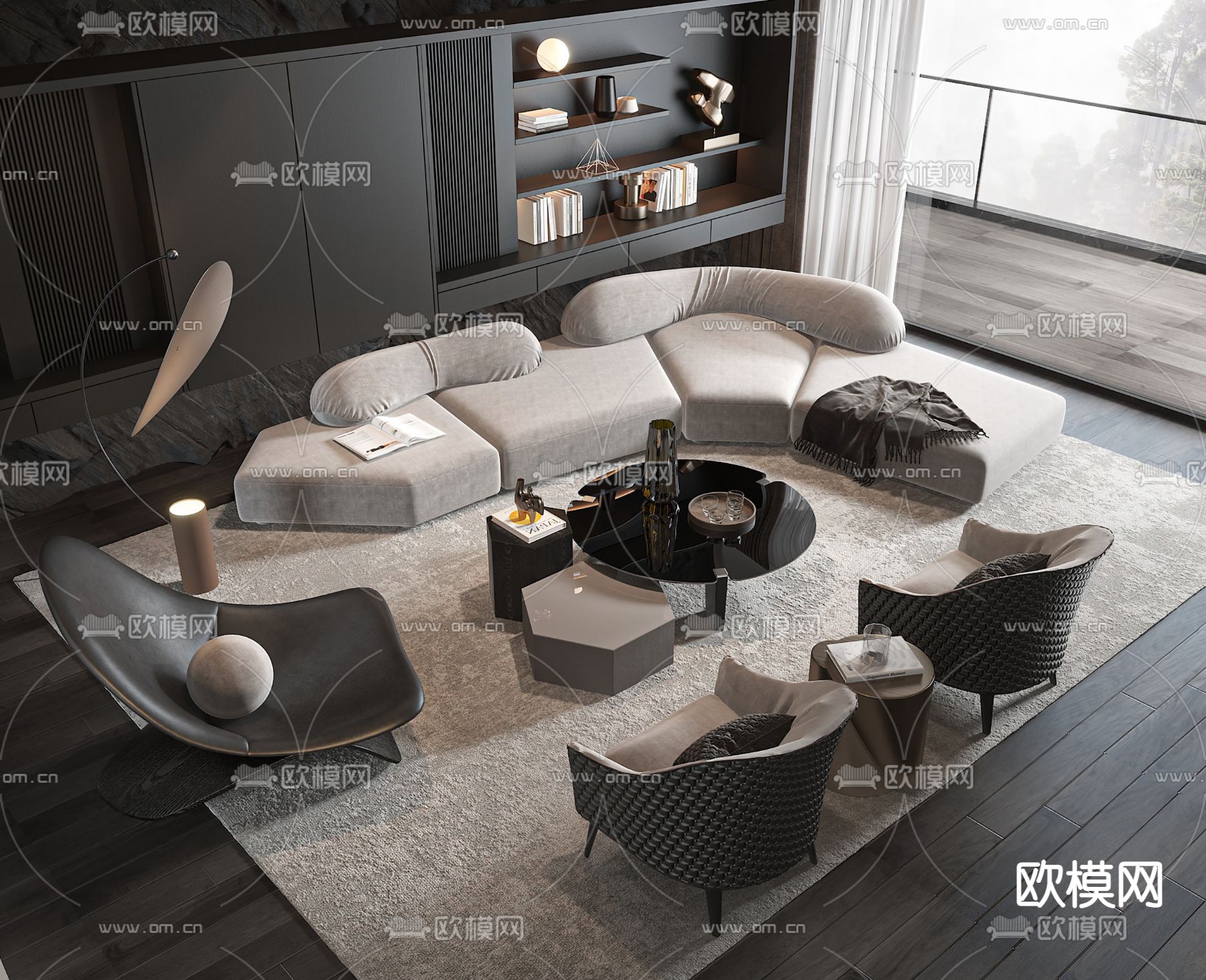 暗黑风弧形组合沙发su模型下载（渲染图1）