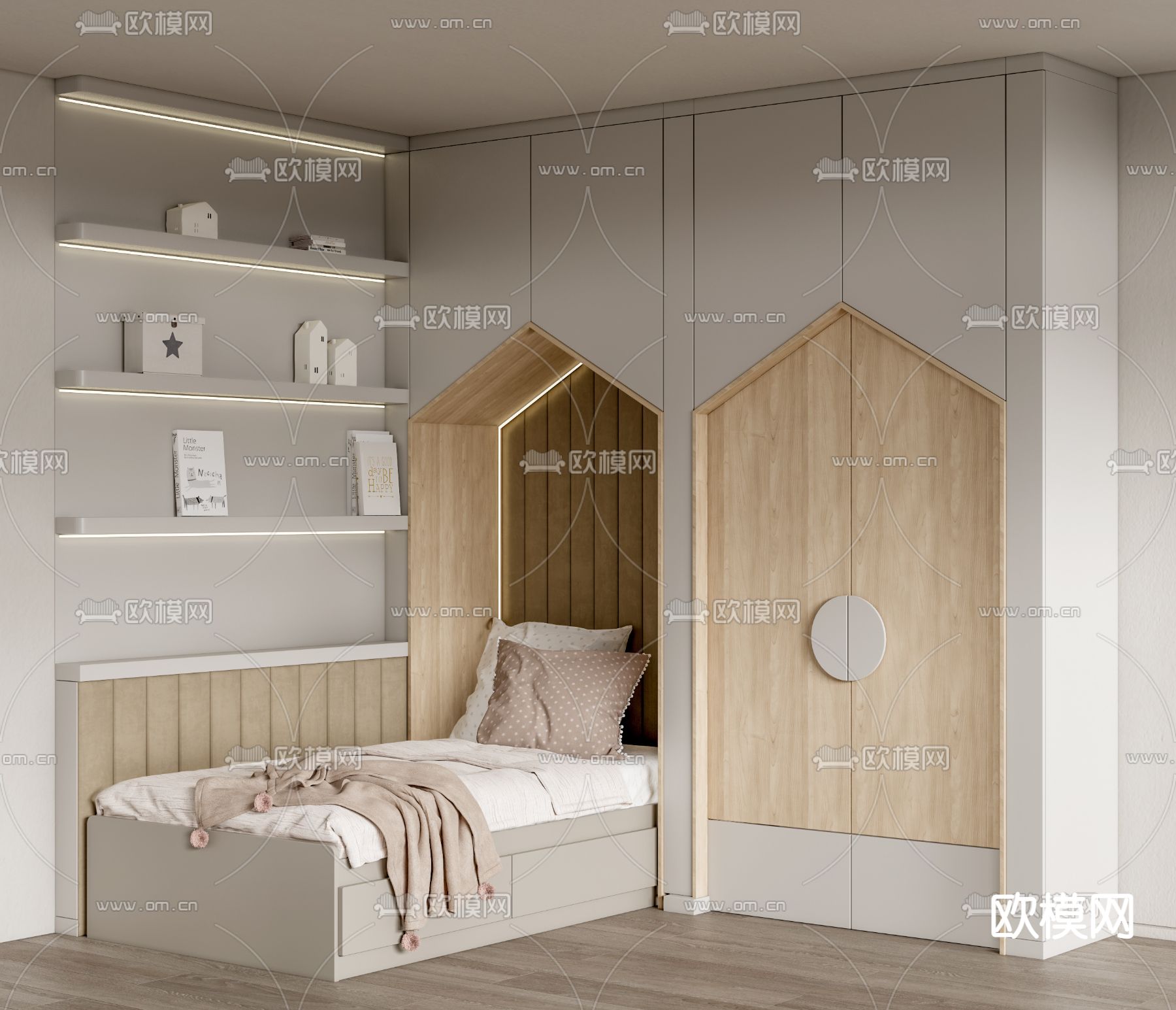 一体式儿童柜 儿童床su模型下载（渲染图1）