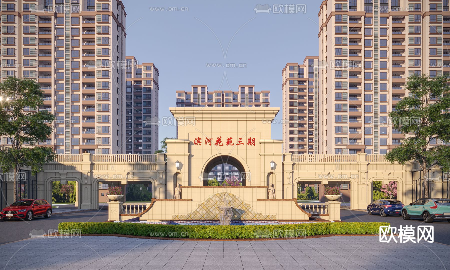 简欧小区住宅建筑外观su模型下载（渲染图1）