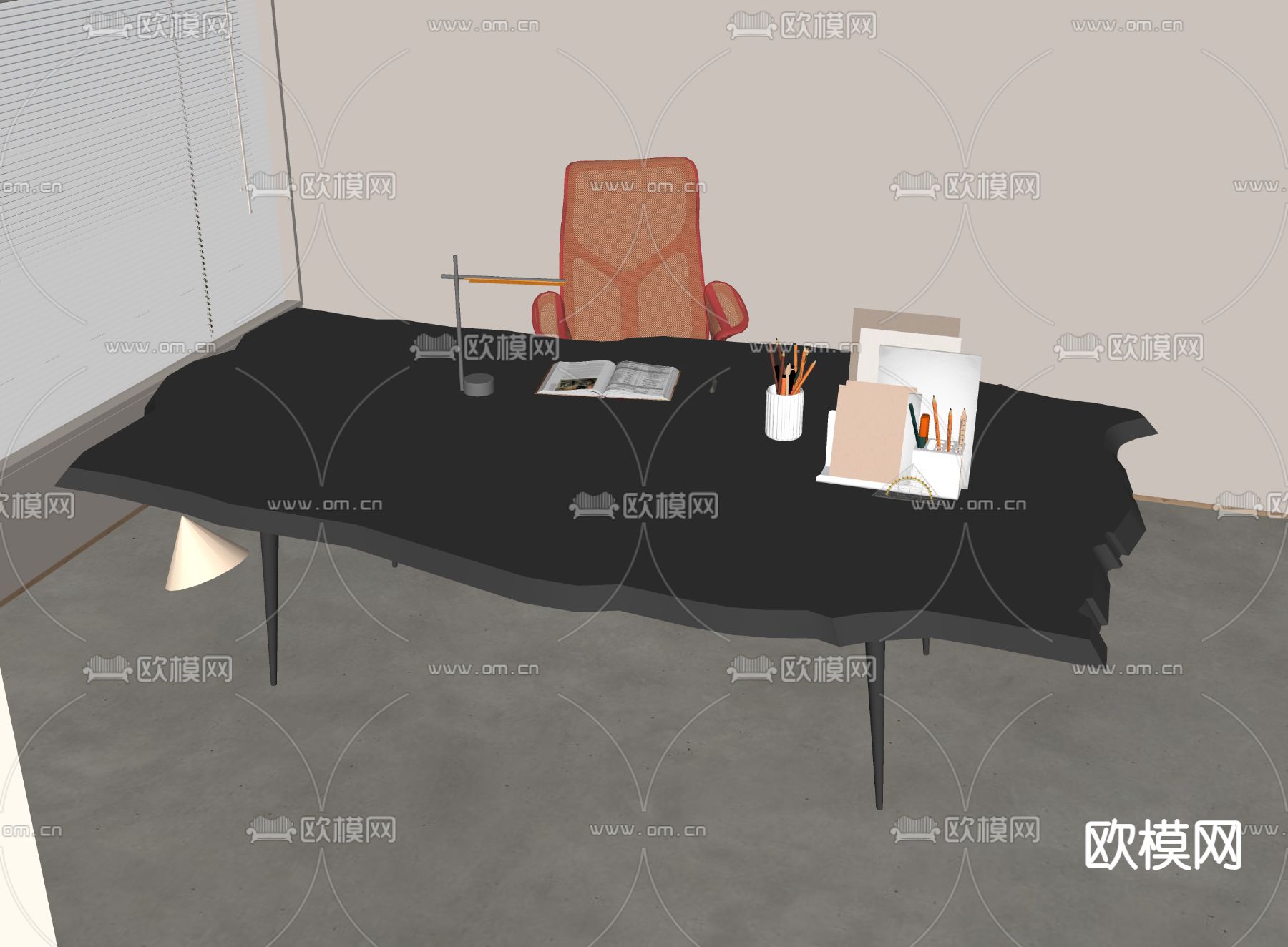 中古风书桌椅su模型下载（渲染图2）