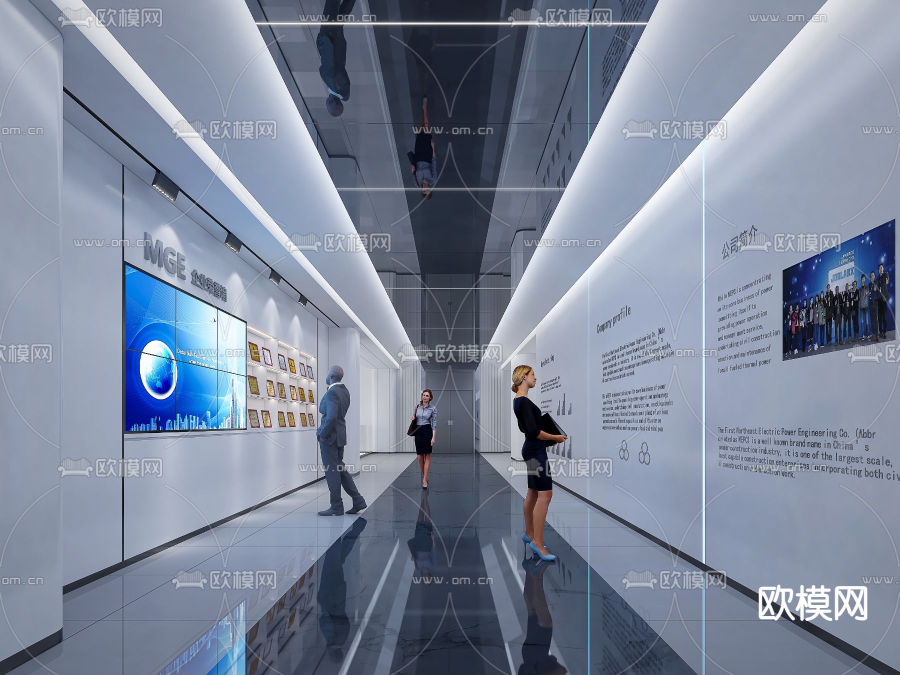 现代办公走道su模型下载（渲染图1）