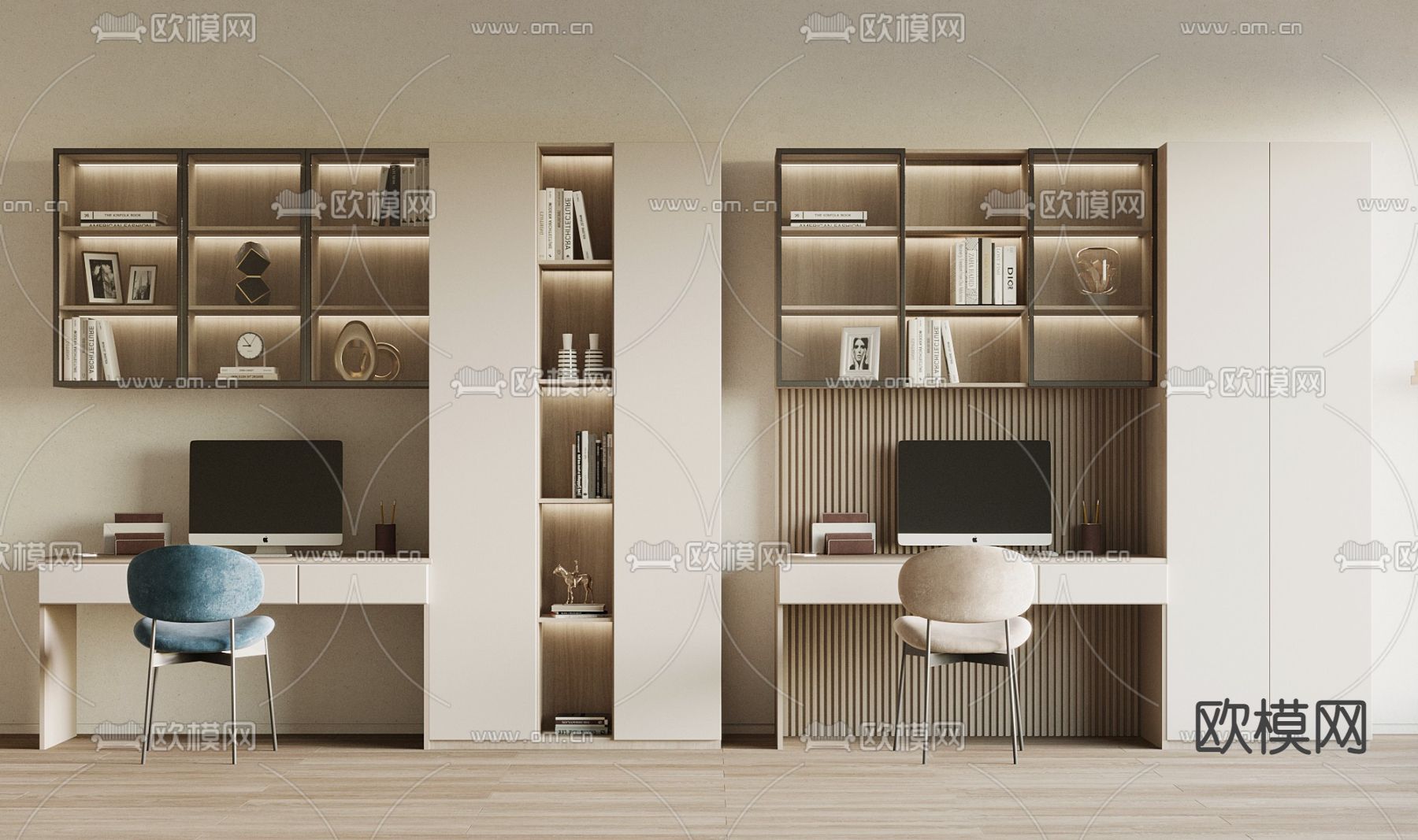 奶油风一体式书桌椅 书柜su模型下载（渲染图1）