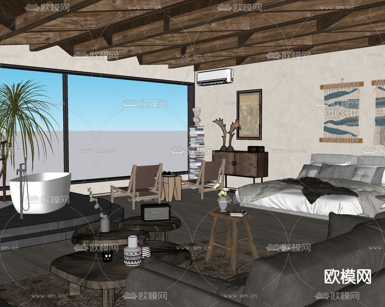 侘寂风民宿卧室su模型下载（渲染图2）