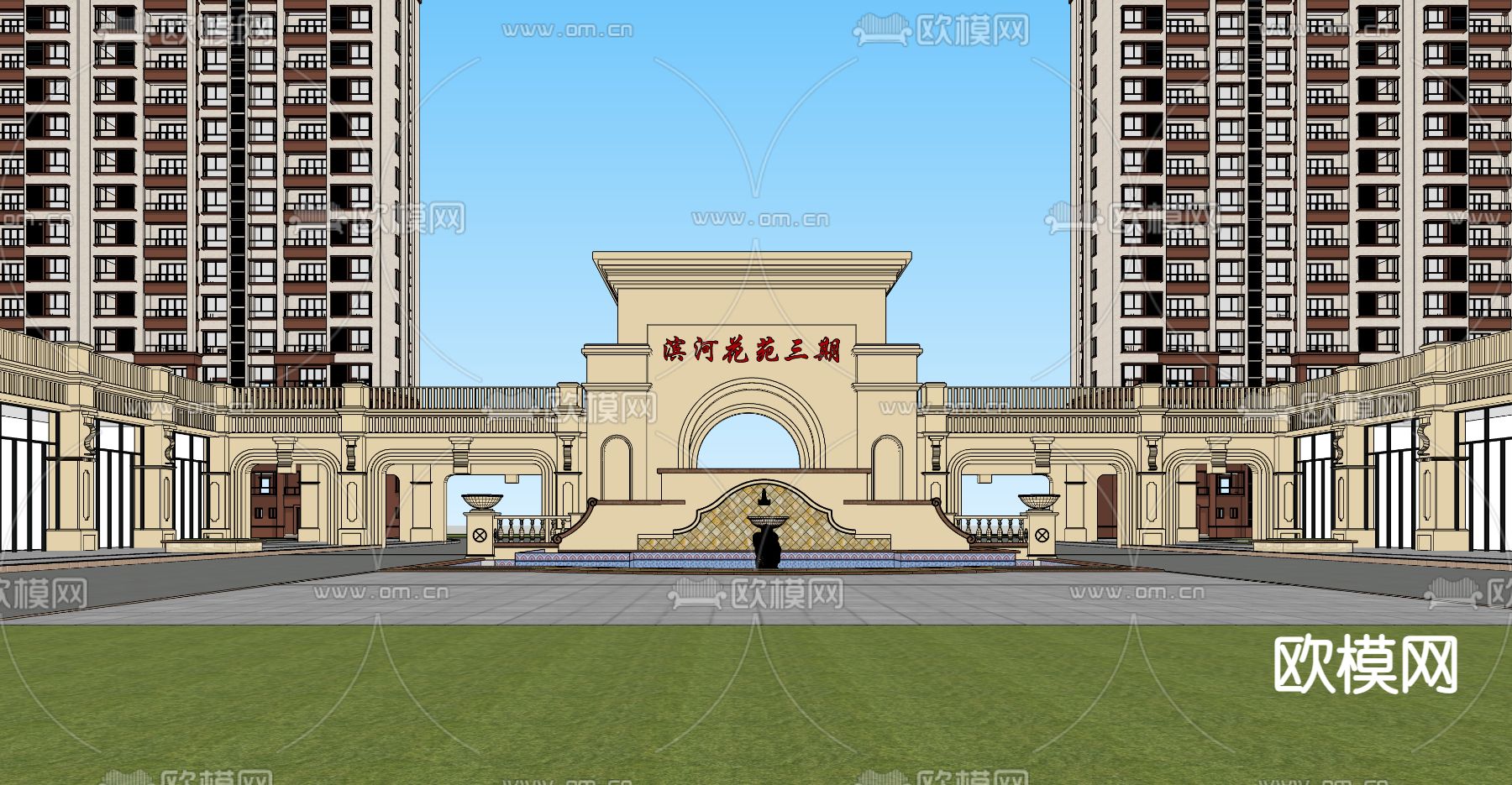 简欧小区住宅建筑外观su模型下载（渲染图2）