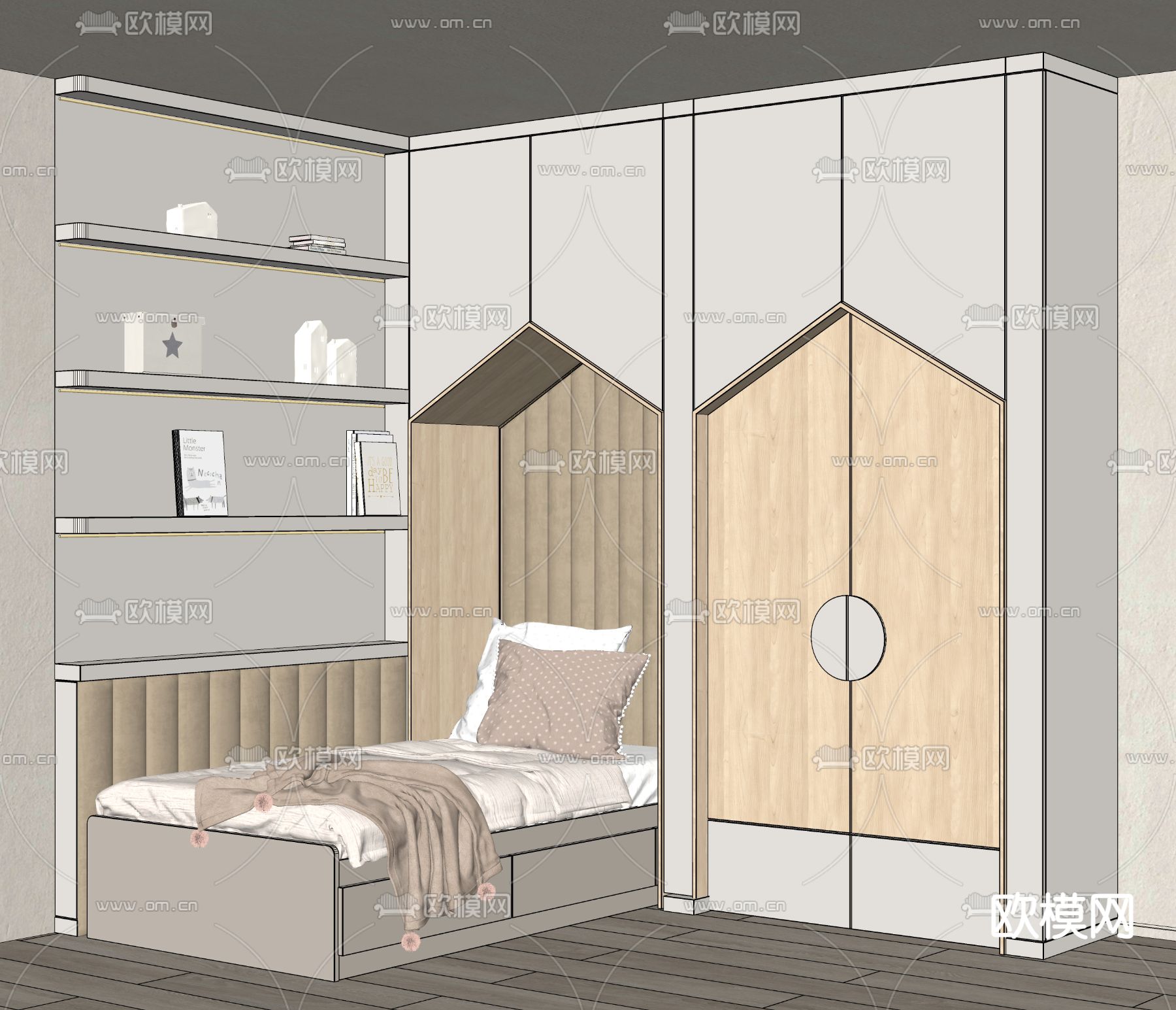 一体式儿童柜 儿童床su模型下载（渲染图2）
