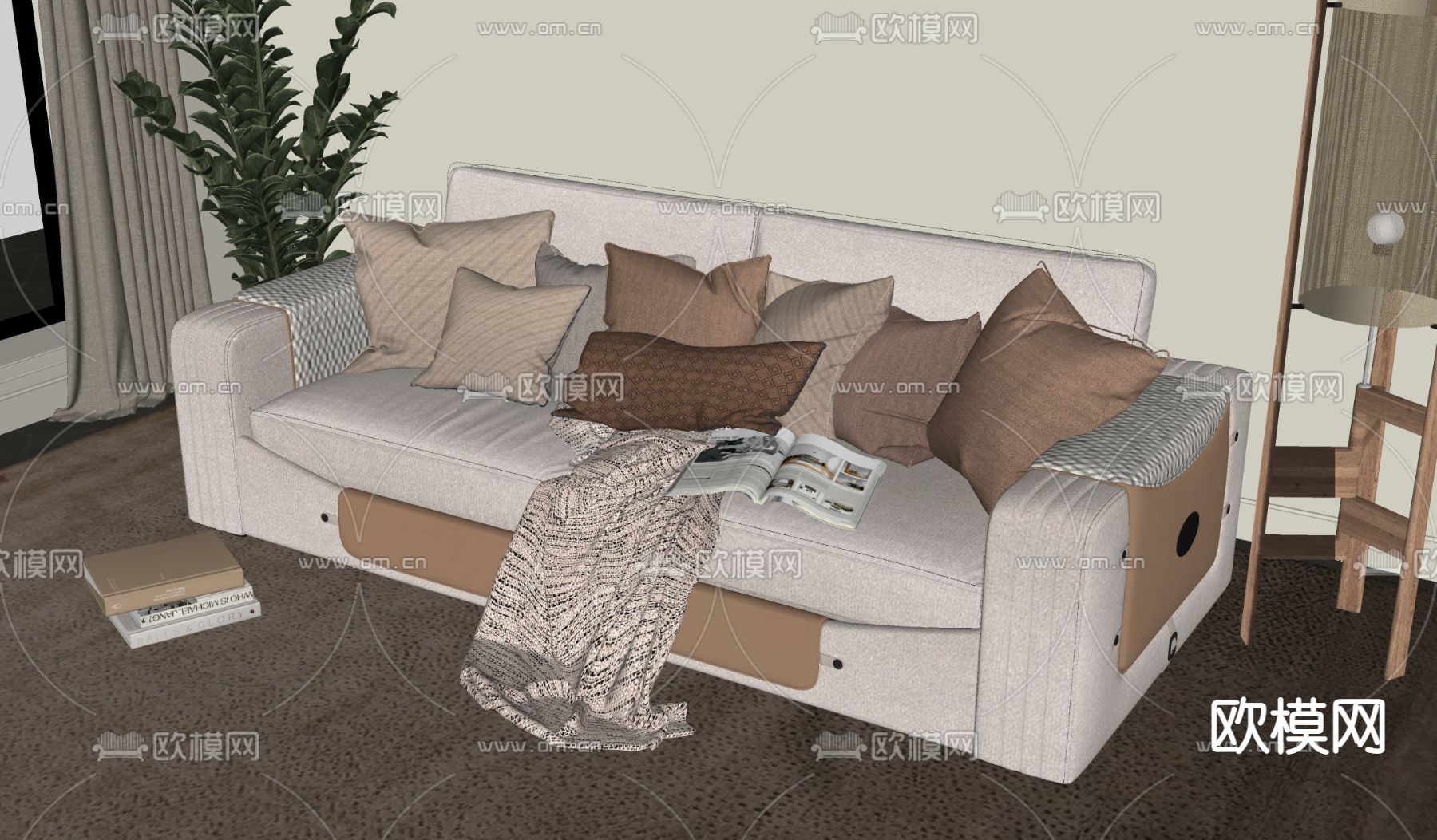 奶油风双人沙发su模型下载（渲染图2）