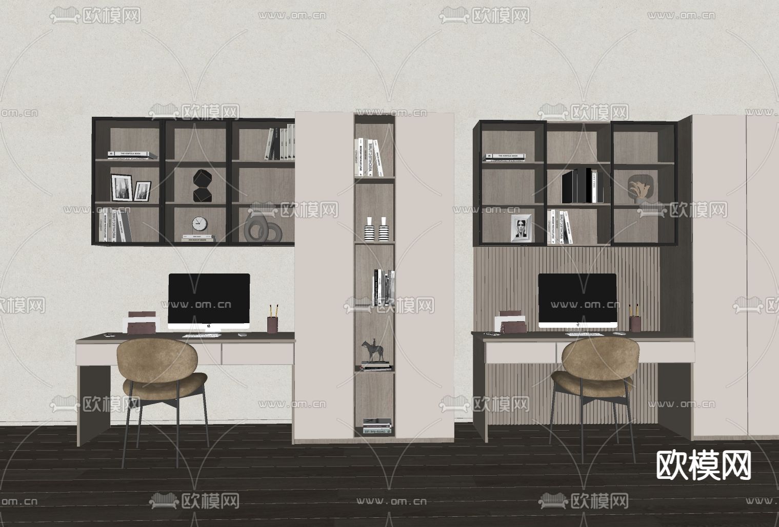 奶油风一体式书桌椅 书柜su模型下载（渲染图2）