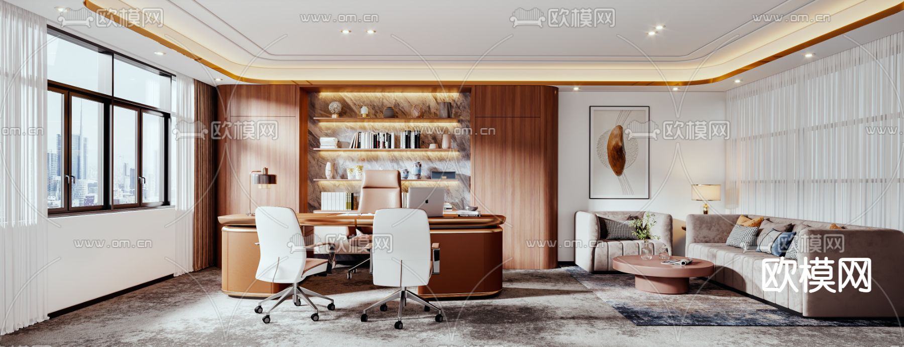 轻奢风总经理室 董事长室3d模型下载（渲染图1）