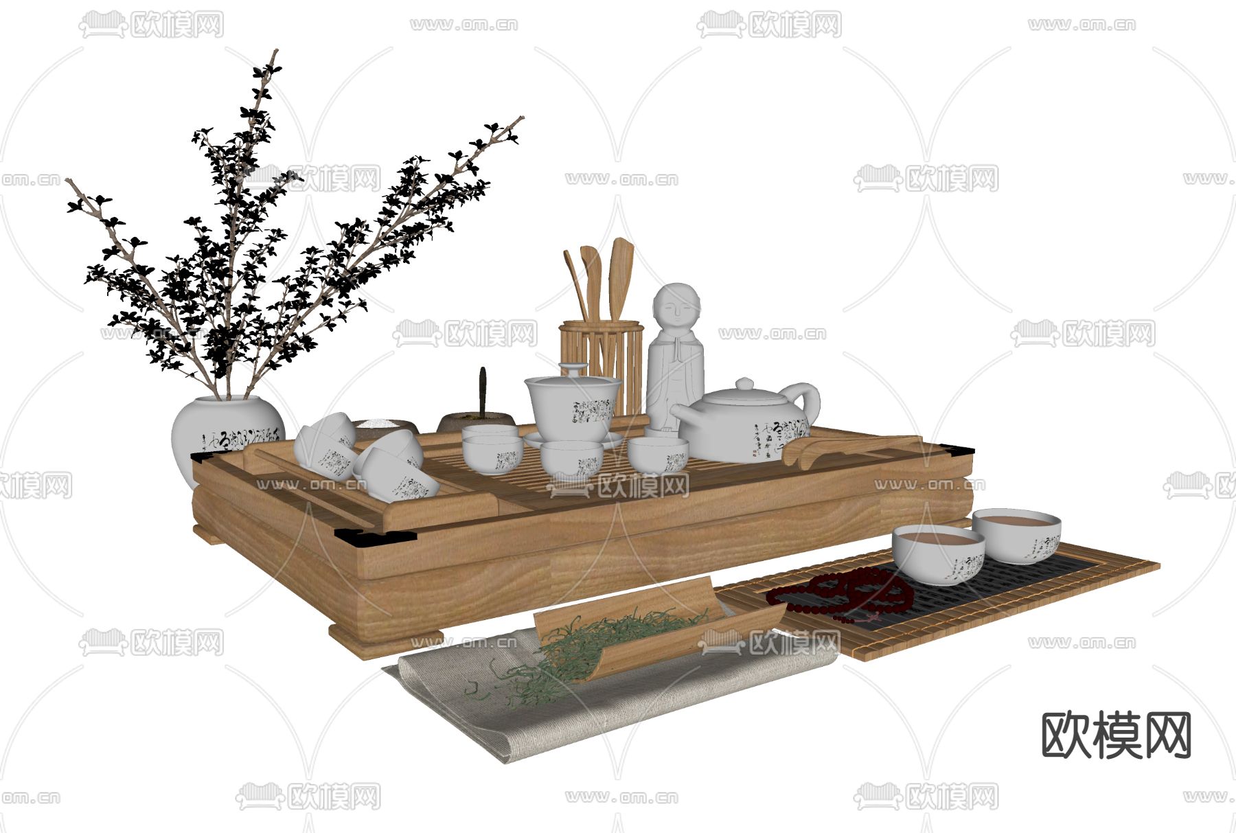 新中式茶具 茶盘托su模型下载（渲染图2）