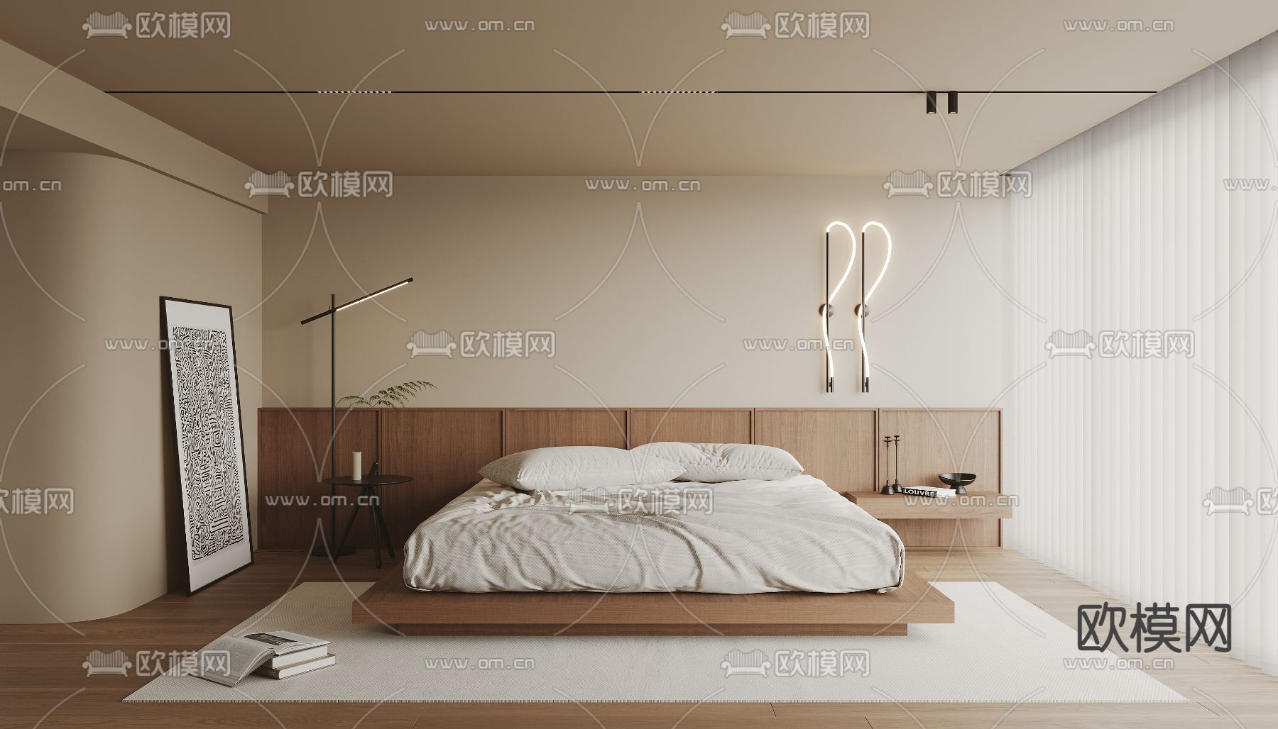 奶油风卧室 主人房su模型下载（渲染图1）