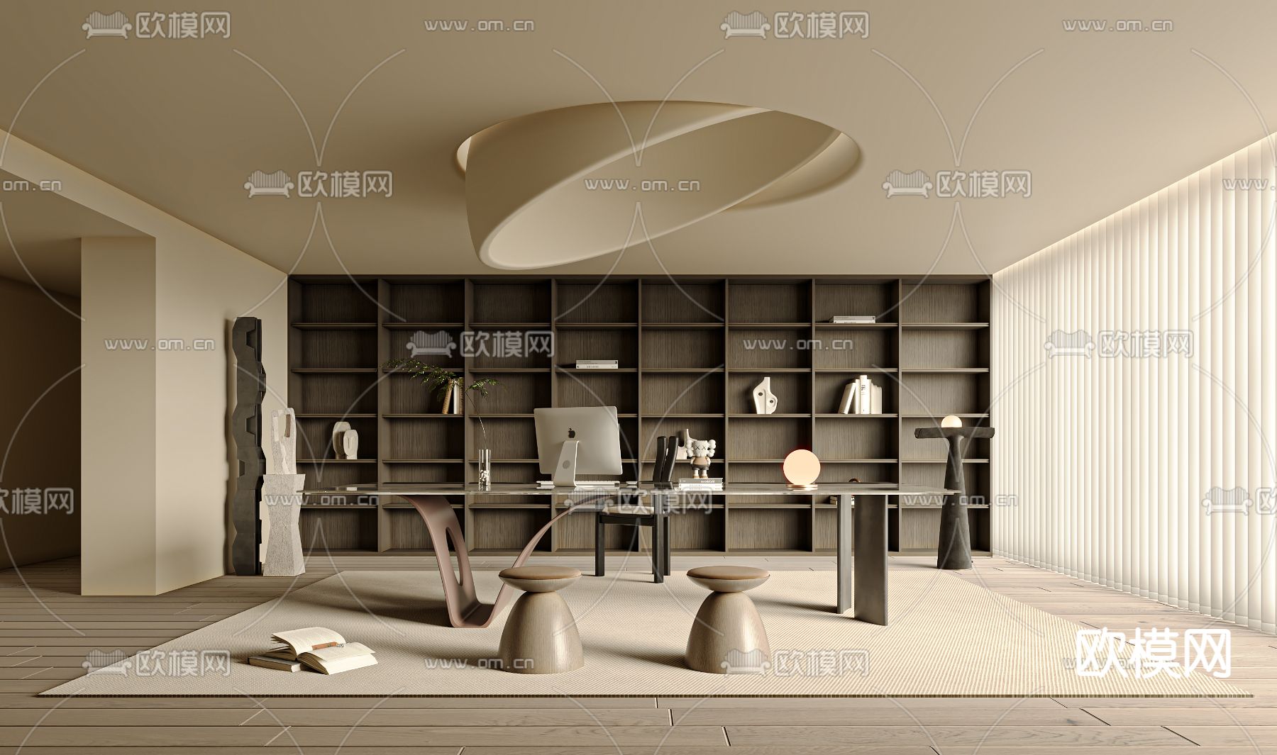奶油风书房3d模型下载_ID12260201_3dmax免费模型-欧模网