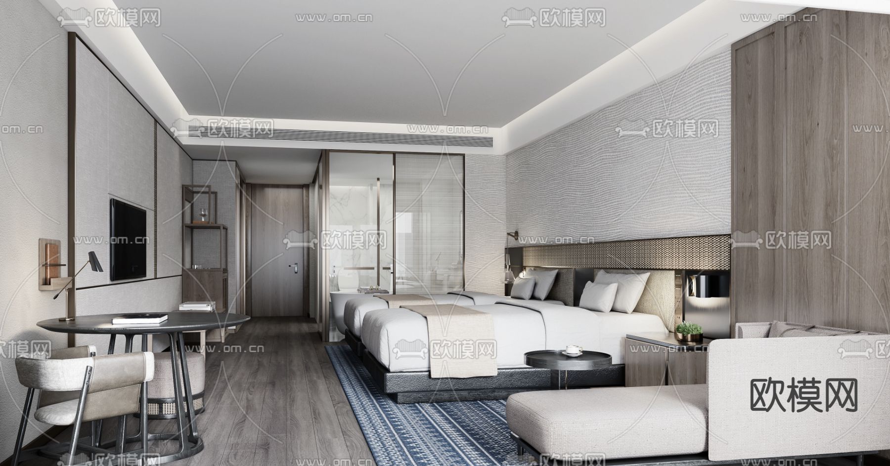 侘寂风酒店 双床客房3d模型下载