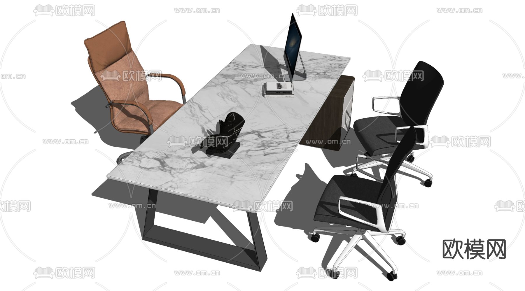 现代班台办公桌椅su模型下载（渲染图2）