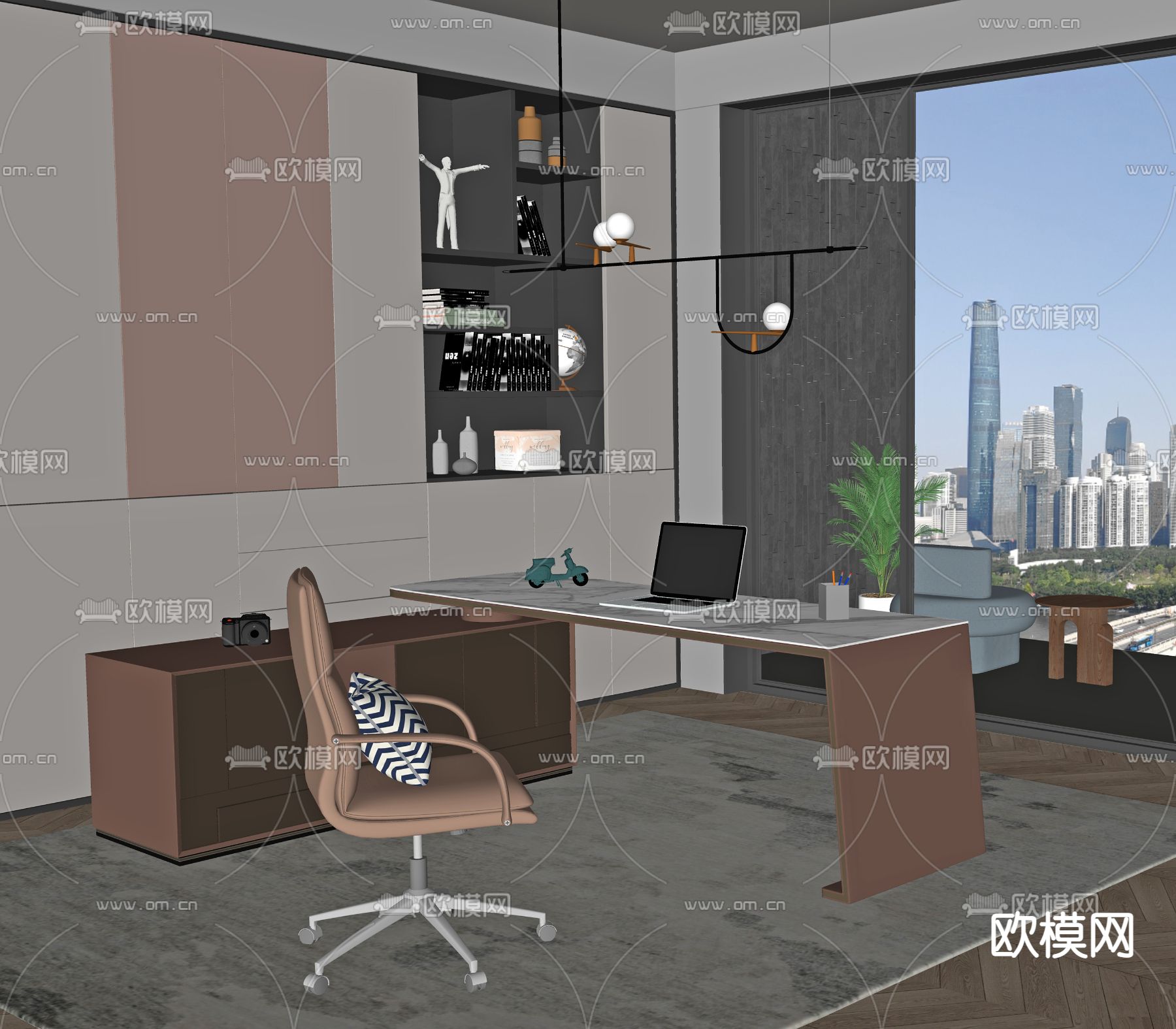 现代书桌椅 大班台su模型下载（渲染图2）