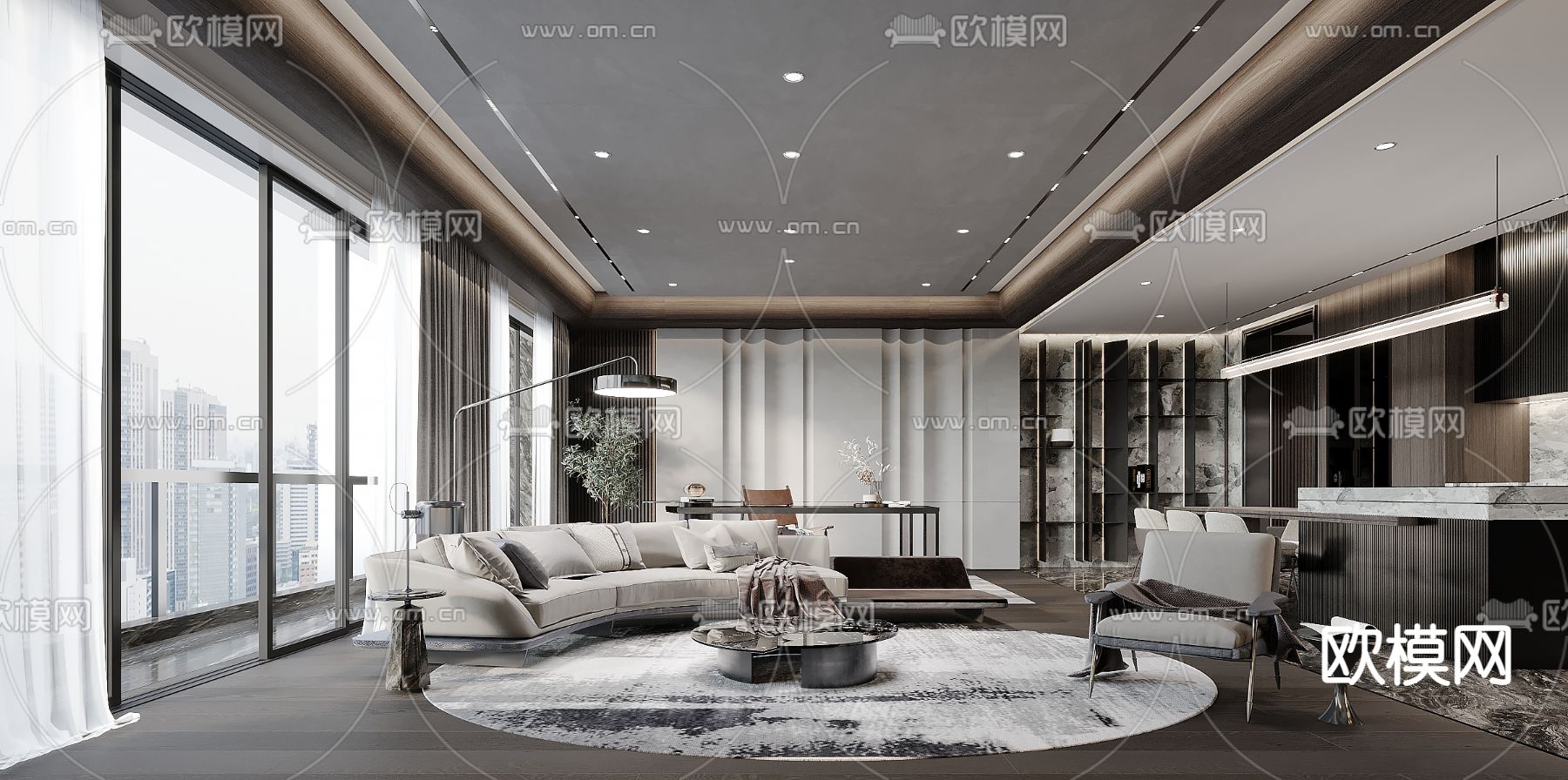 高级灰客餐厅3d模型下载（渲染图1）