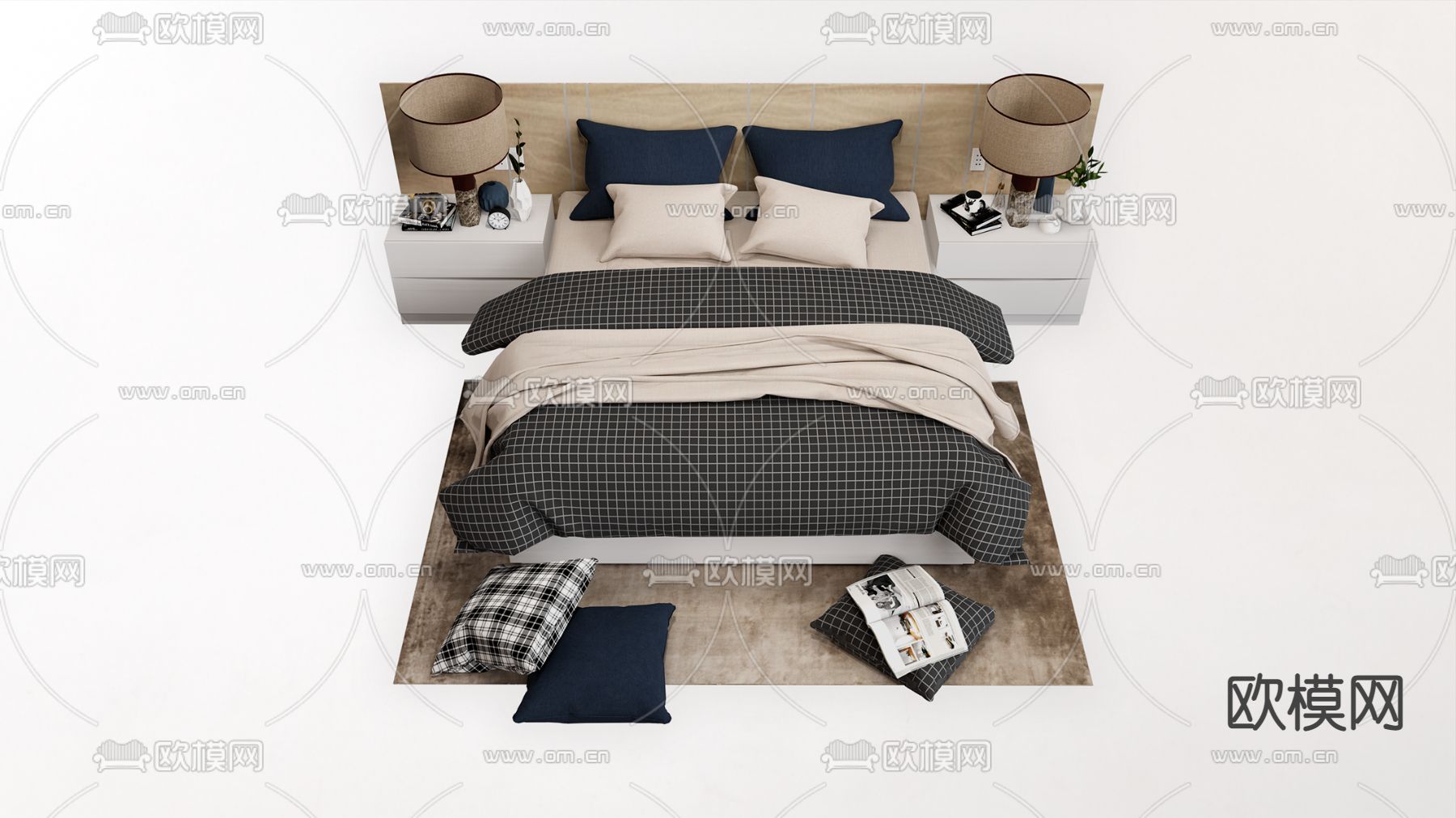 北欧双人床su模型下载（渲染图2）