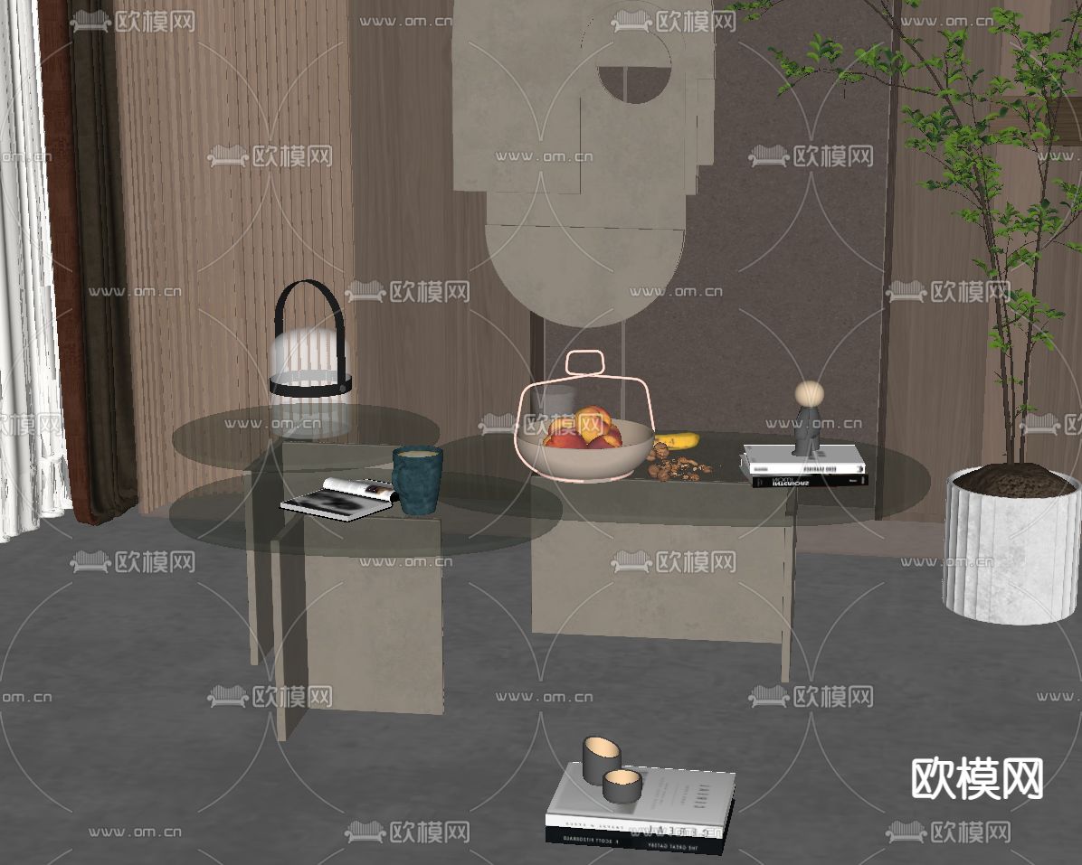 侘寂风子母茶几su模型下载（渲染图2）