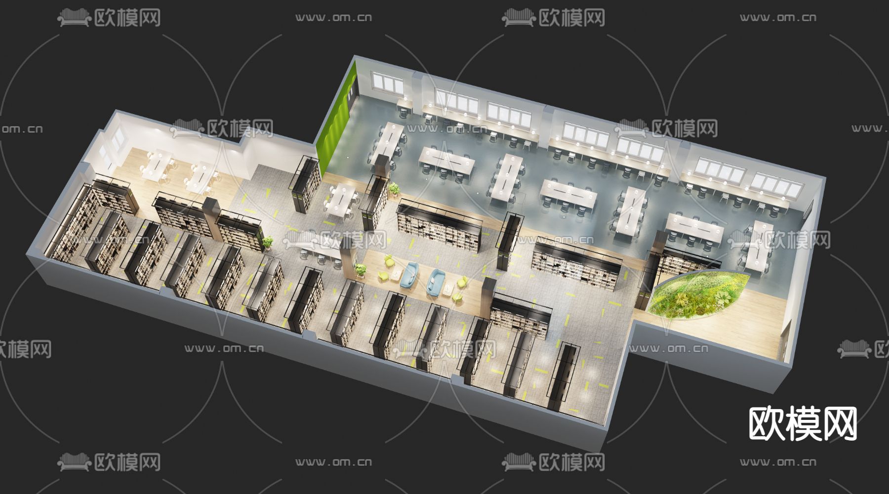 现代图书馆 阅览室3d模型下载（渲染图2）