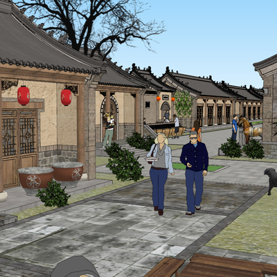  中式 商业街 古街道su模型 