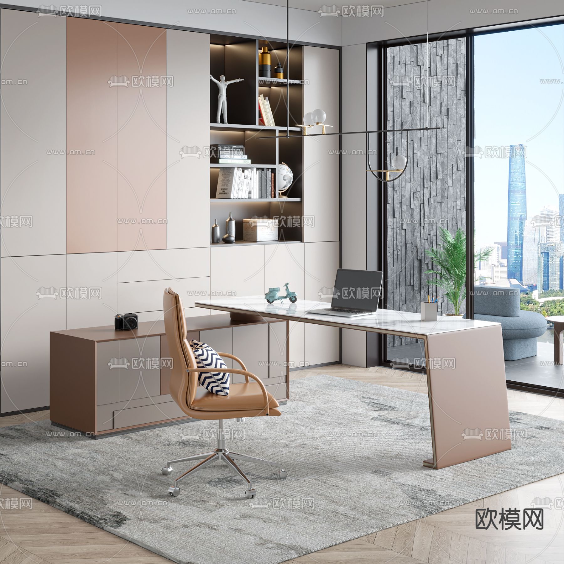 现代书桌椅 大班台su模型下载（渲染图1）