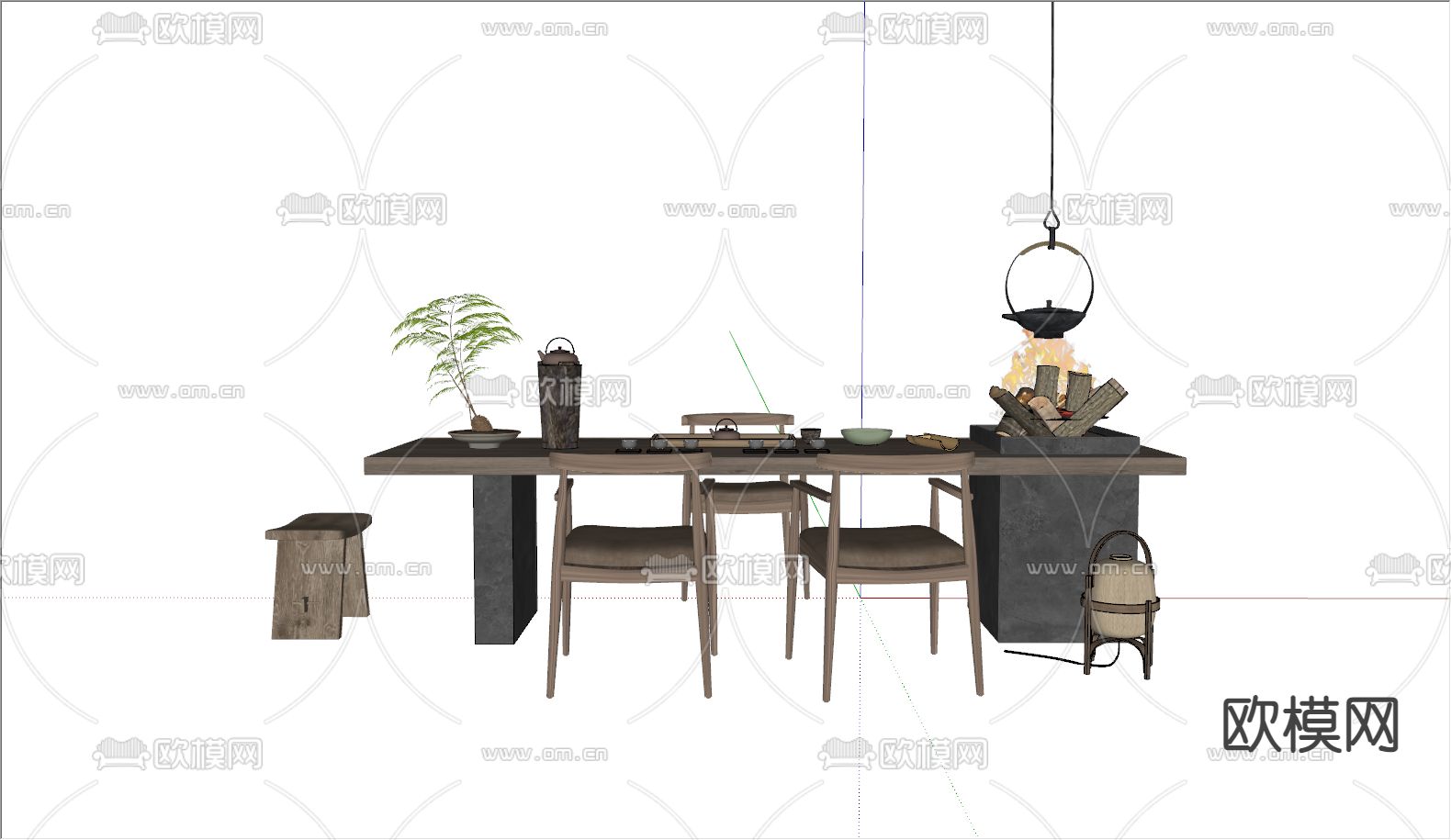 新中式茶桌椅su模型下载（渲染图2）