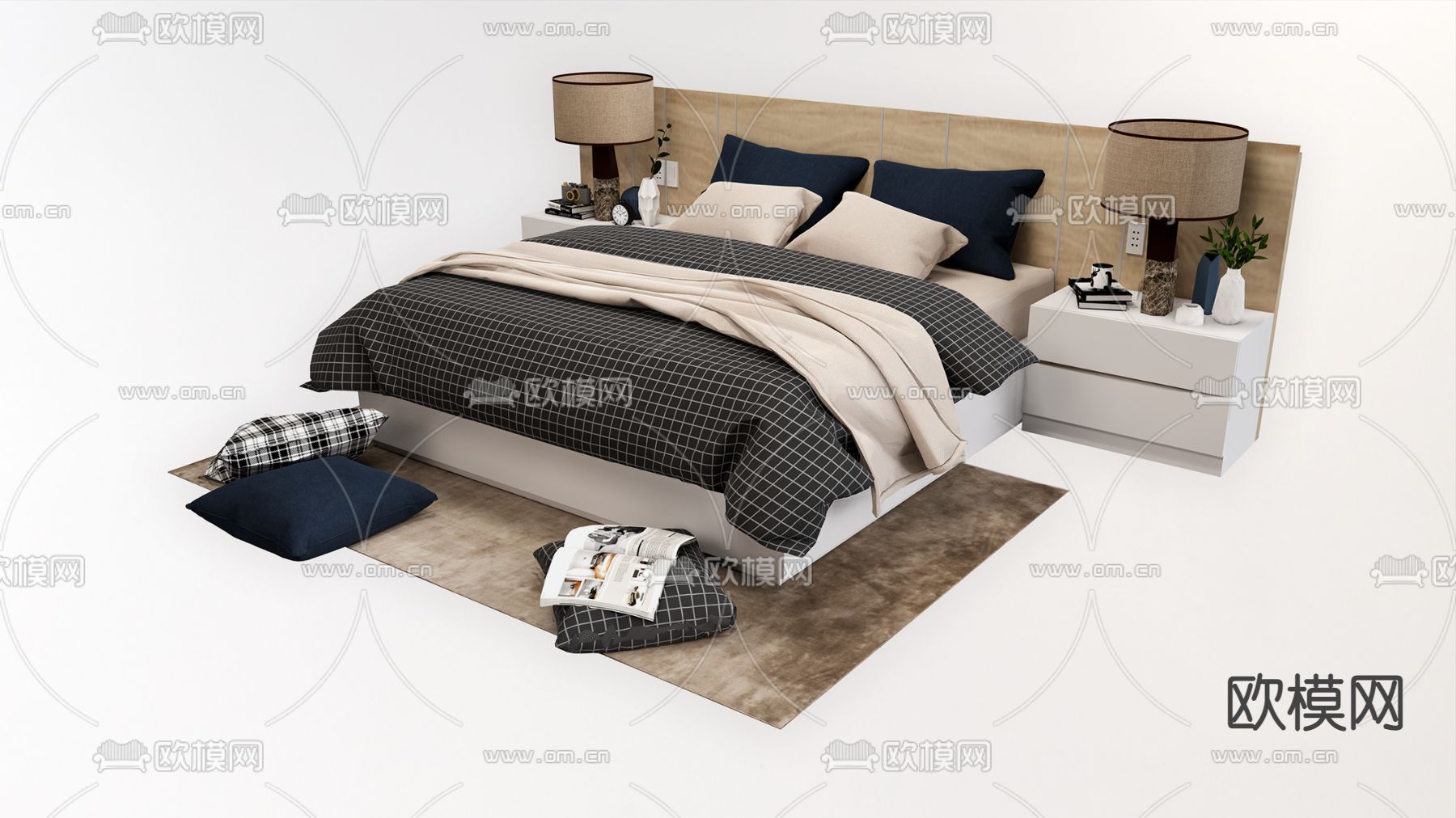 北欧双人床su模型下载（渲染图1）