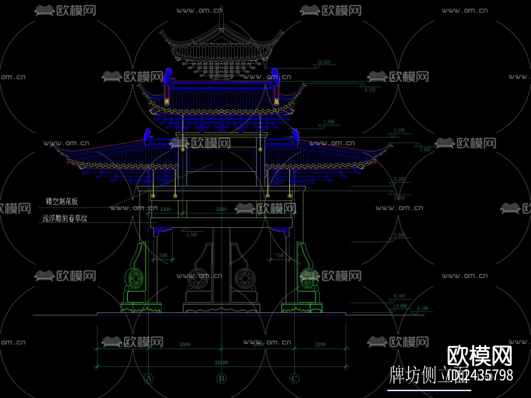 中式木质雕花牌坊CAD节点大样下载（渲染图6）
