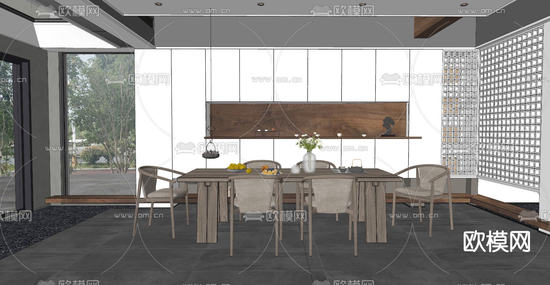 新中式茶室su模型下载（渲染图2）